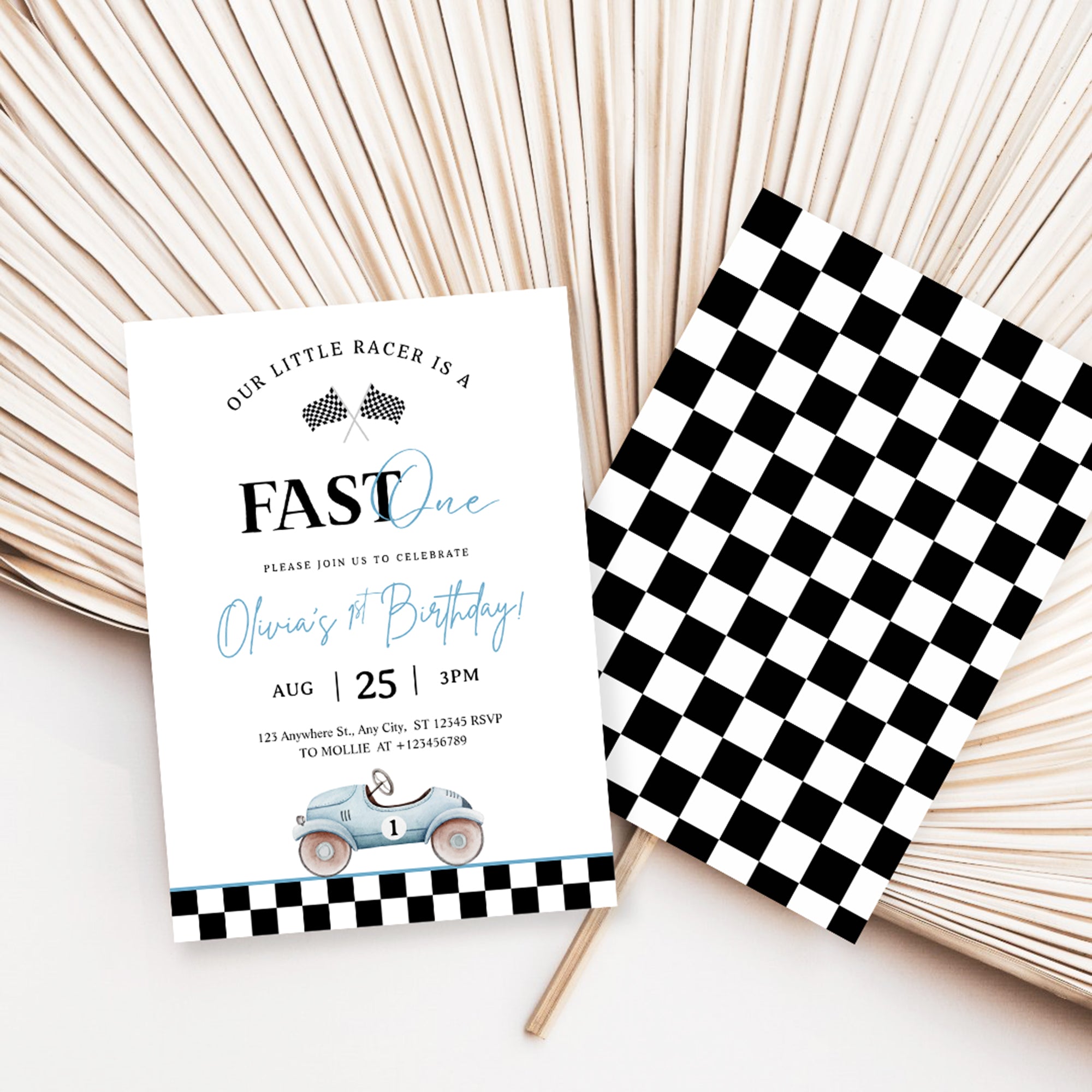 Editable “Fast ONE” Race Car 1st Birthday Invitation | Blue Vintage Car Canva Template – Instant Download