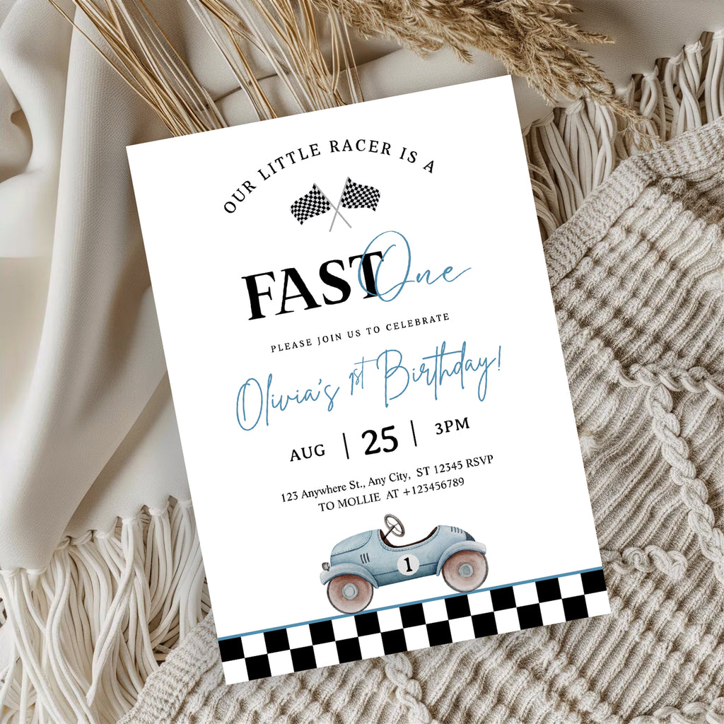 Editable “Fast ONE” Race Car 1st Birthday Invitation | Blue Vintage Car Canva Template – Instant Download