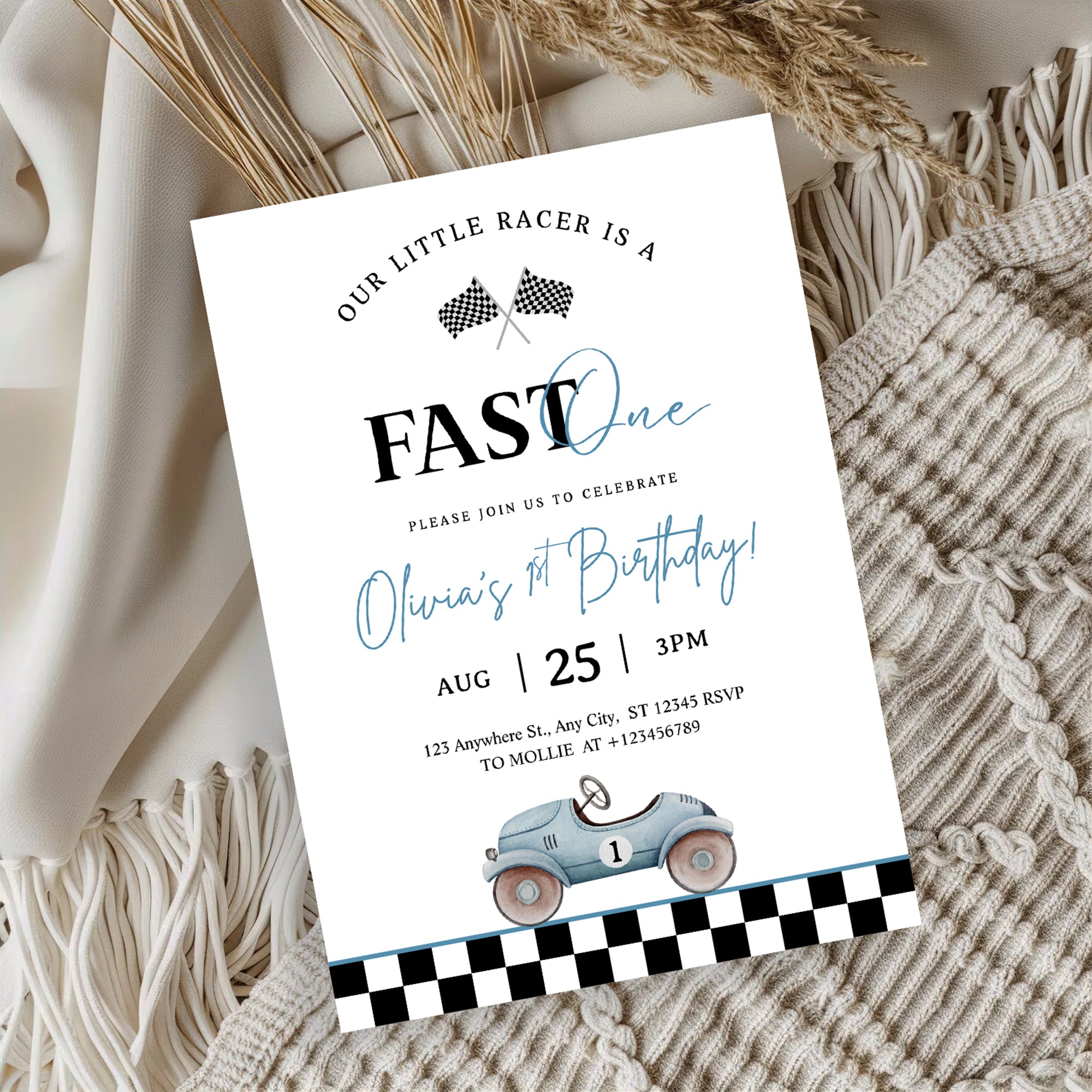 Editable “Fast ONE” Race Car 1st Birthday Invitation | Blue Vintage Car Canva Template – Instant Download