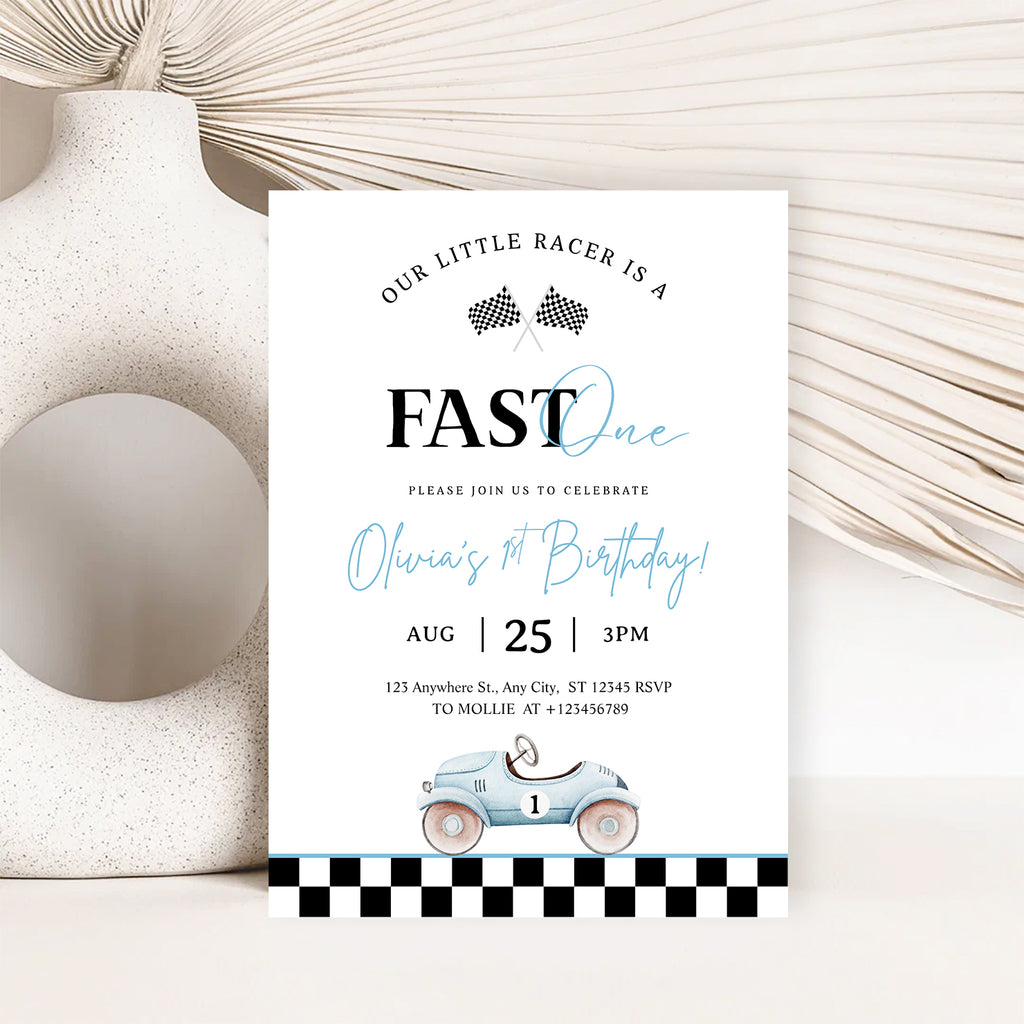 Editable “Fast ONE” Race Car 1st Birthday Invitation | Blue Vintage Car Canva Template – Instant Download