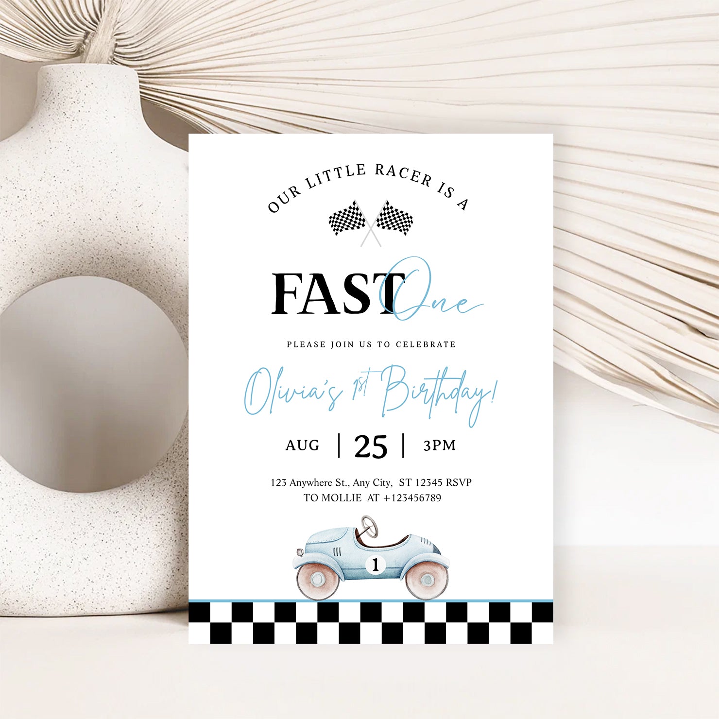 Editable “Fast ONE” Race Car 1st Birthday Invitation | Blue Vintage Car Canva Template – Instant Download