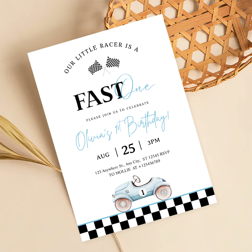 Editable “Fast ONE” Race Car 1st Birthday Invitation | Blue Vintage Car Canva Template – Instant Download