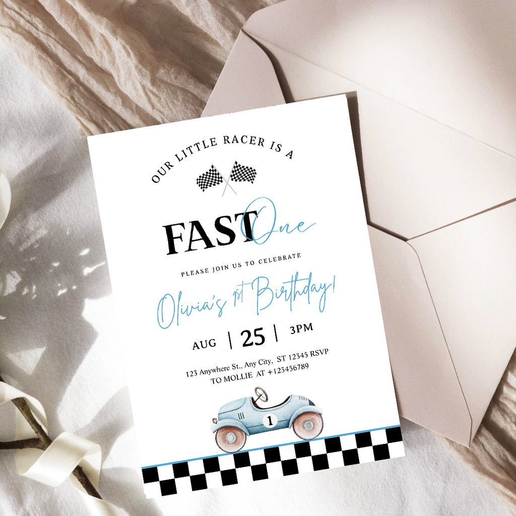 Editable “Fast ONE” Race Car 1st Birthday Invitation | Blue Vintage Car Canva Template – Instant Download