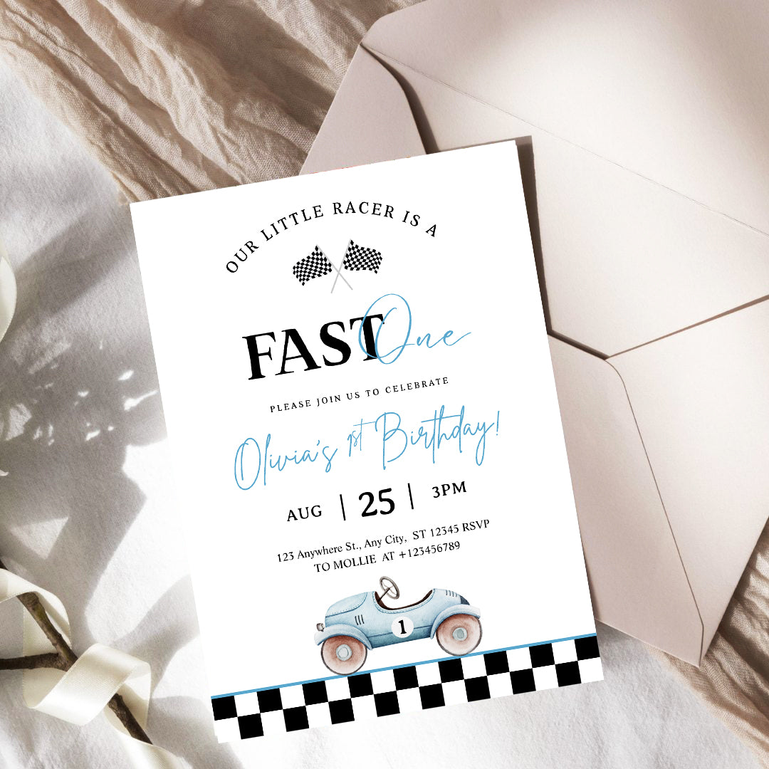 Editable “Fast ONE” Race Car 1st Birthday Invitation | Blue Vintage Car Canva Template – Instant Download