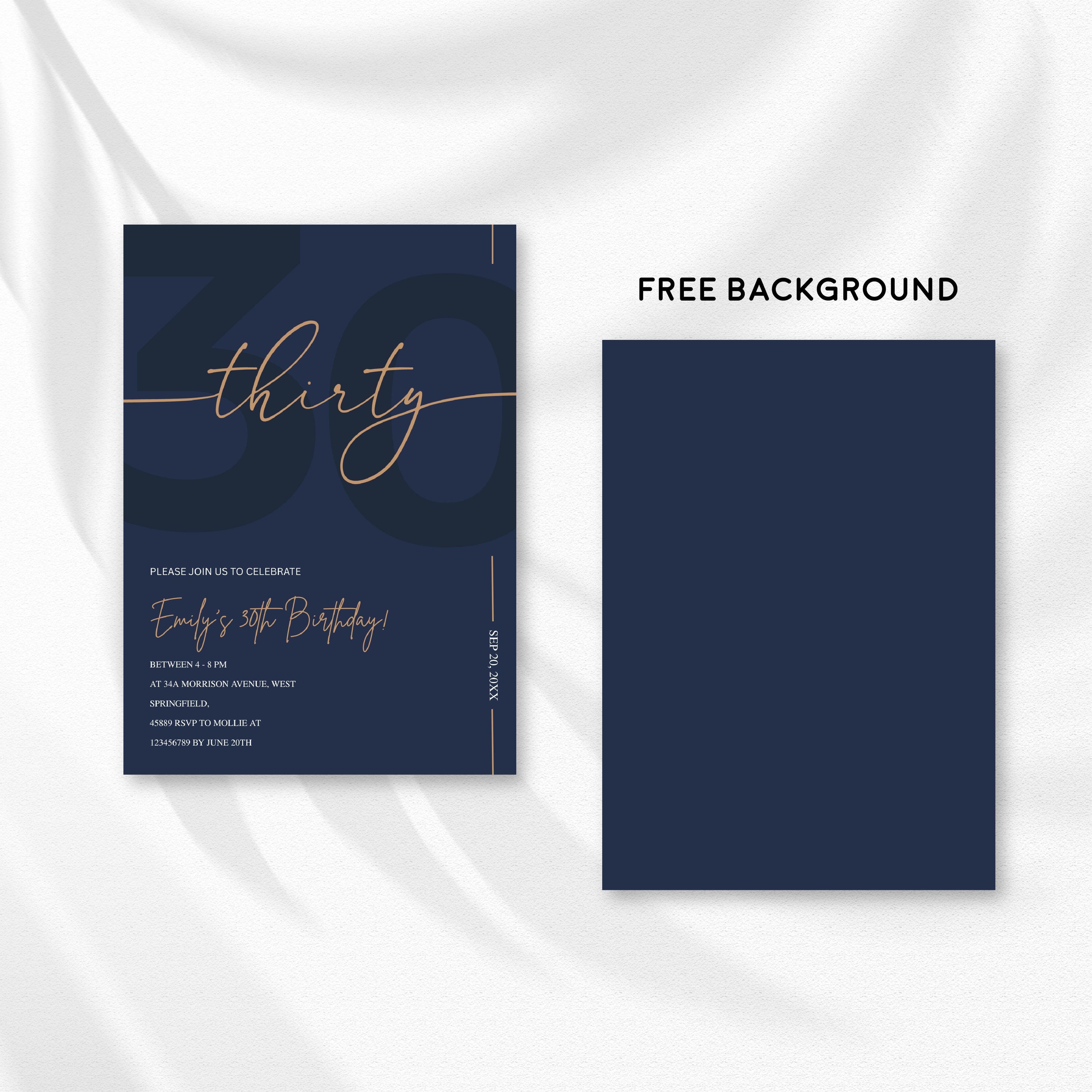 Modern Navy Blue & Gold 30th Birthday Invitation – Editable Canva Template