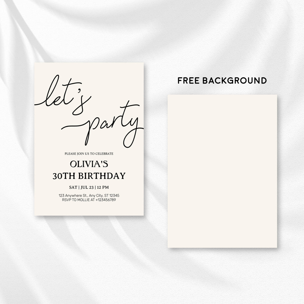 Modern Minimalist Lets Party Birthday Invitation – Editable Canva Template