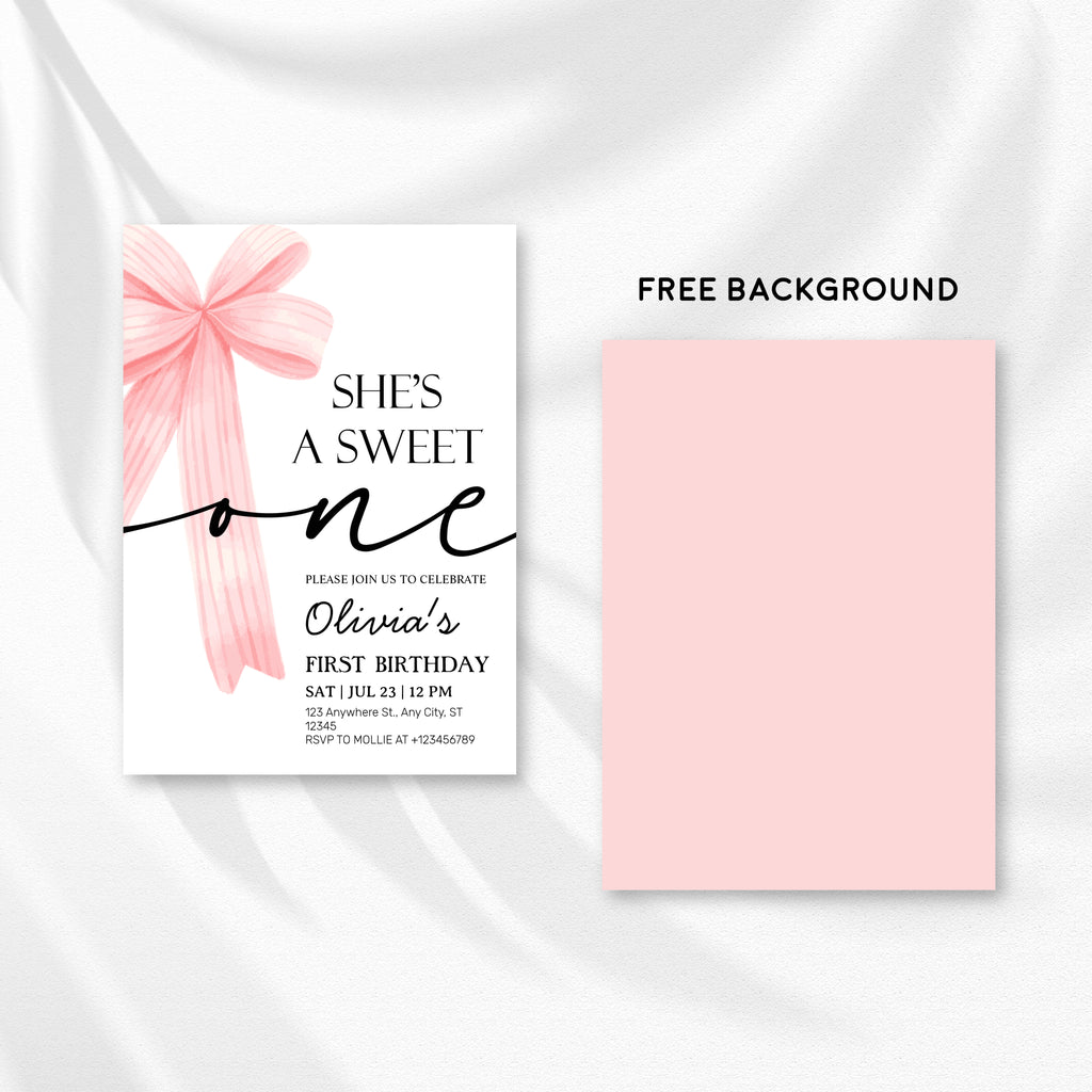 Pink Bow 1st Birthday Invitation – Editable Canva Template
