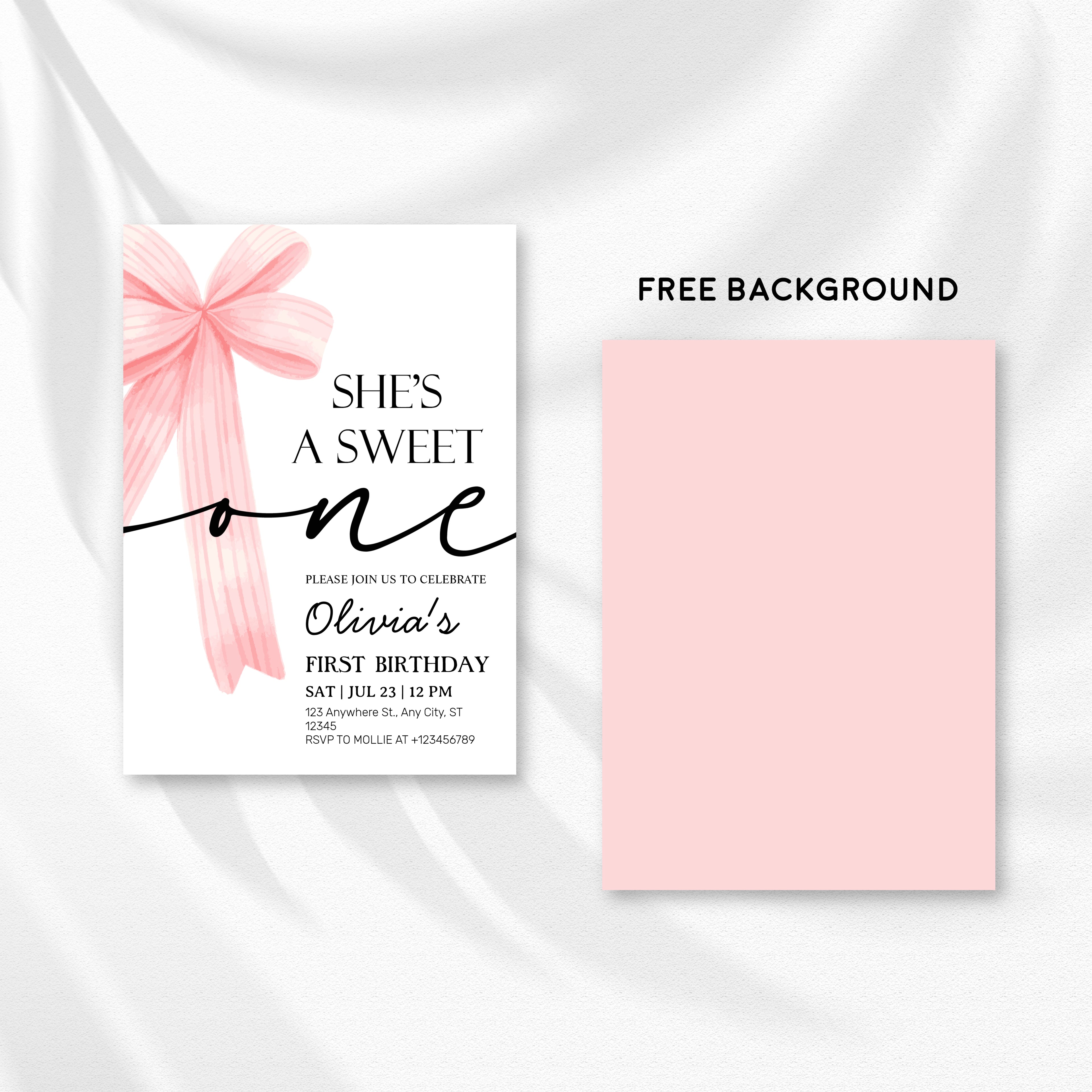 Pink Bow 1st Birthday Invitation – Editable Canva Template