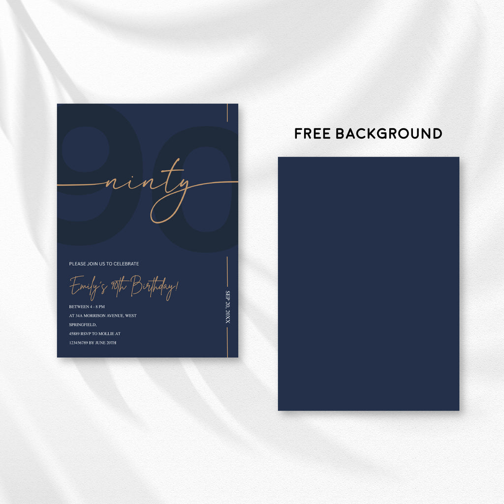 Modern Navy Blue & Gold 90th Birthday Invitation – Editable Canva Template