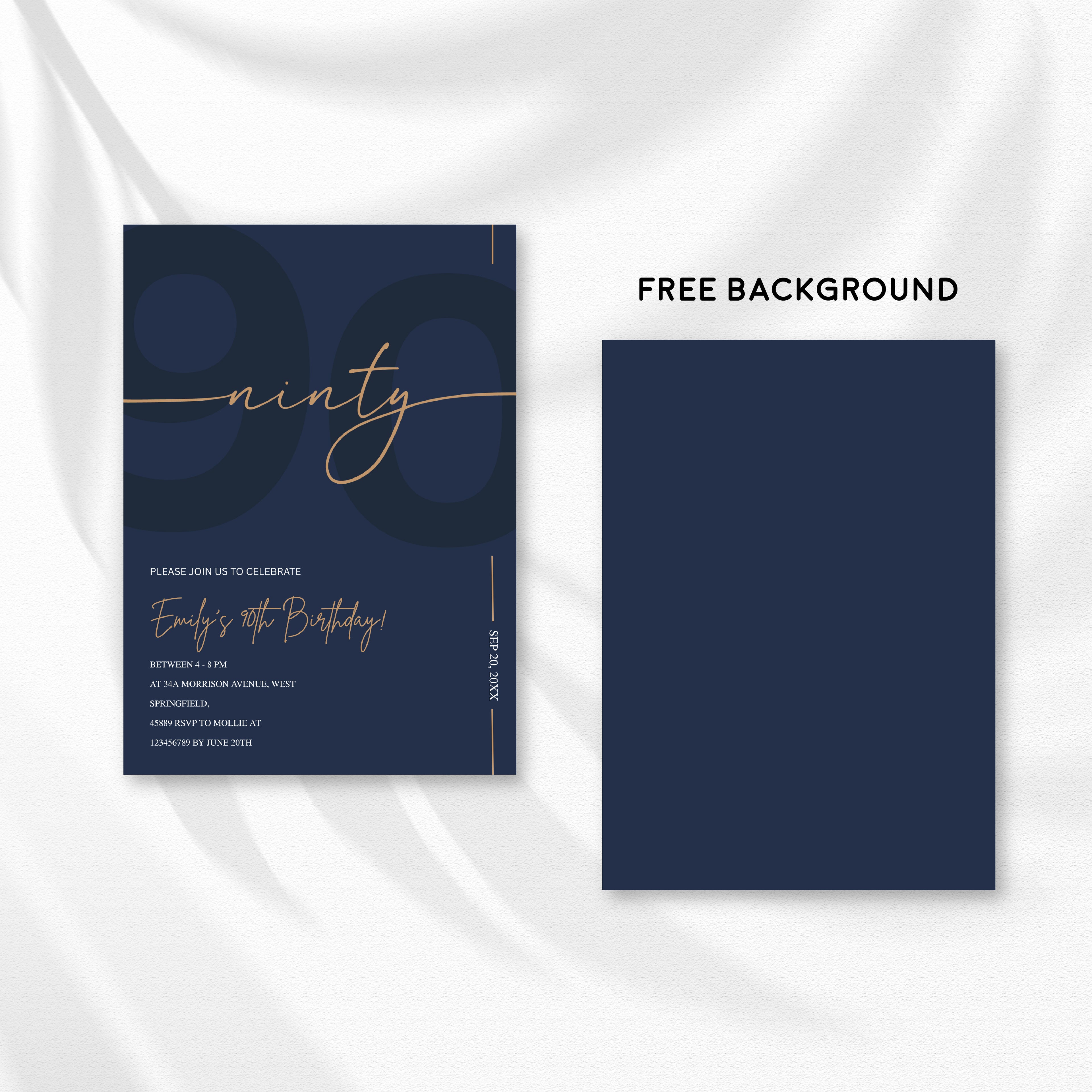 Modern Navy Blue & Gold 90th Birthday Invitation – Editable Canva Template