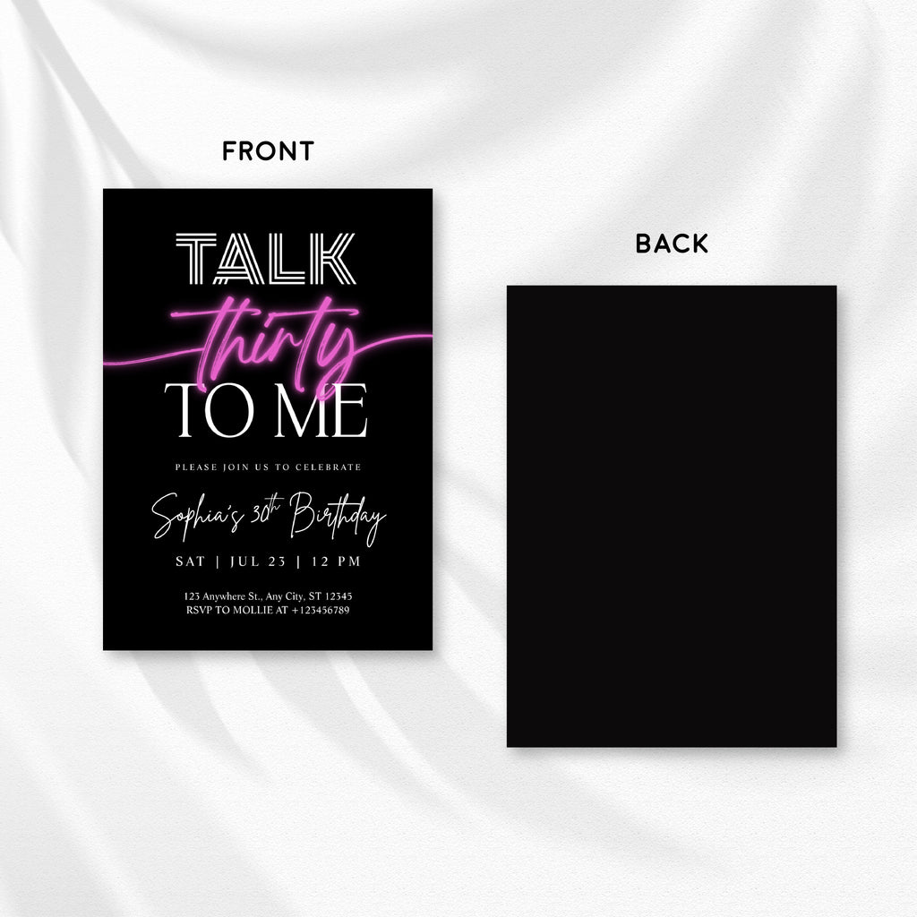 Talk 30 To Me 30th Birthday Invitation Template | Pink Neon Thirty Party Invite | Editable & Instant Download