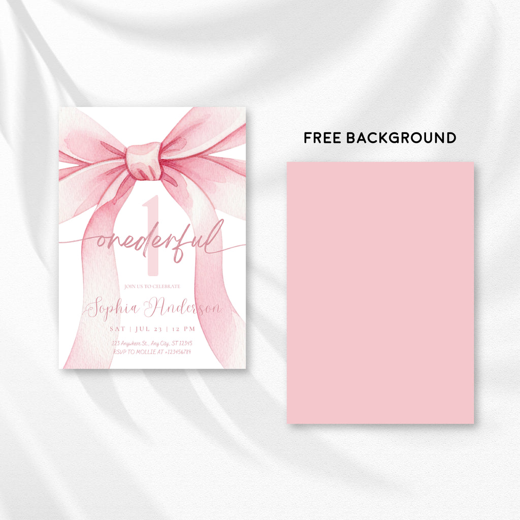 Blush Pink Bow Onederful 1st Birthday Invitation Template | Girl First Birthday Party Invite | Editable Canva Instant Download