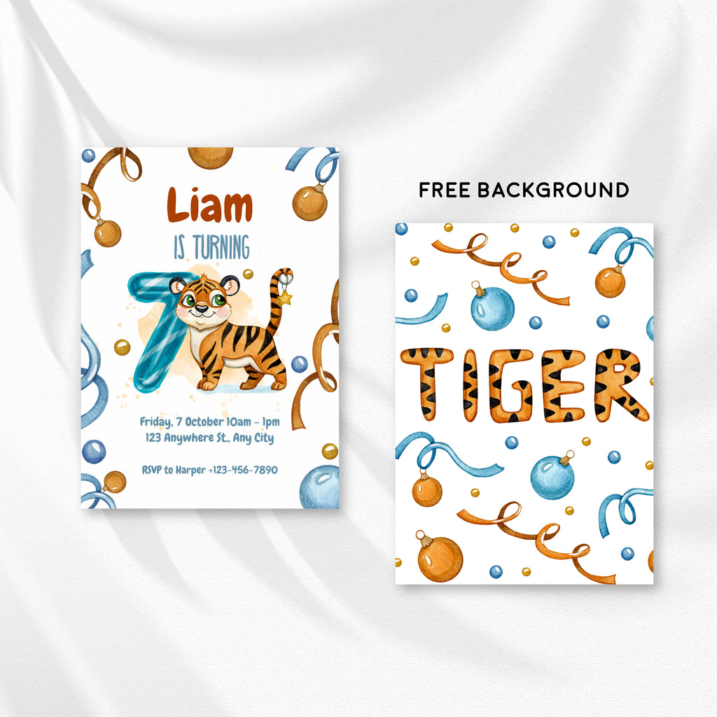 Wild & Cute Tiger 7th Birthday Invitation – Editable Canva Template