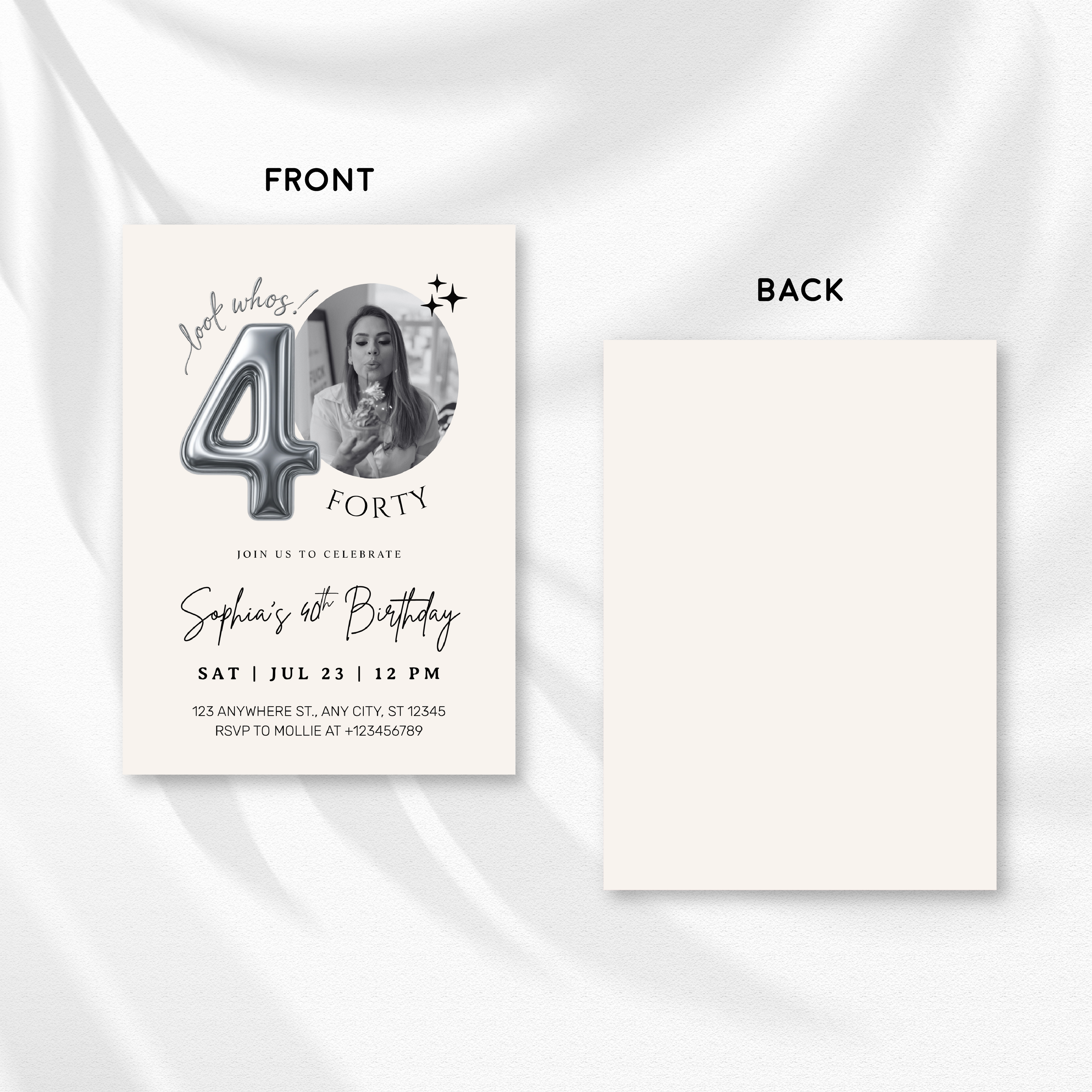 Editable 40th Birthday Photo Invitation Canva Template Silver Balloon Minimalist Party Invite Instant Download