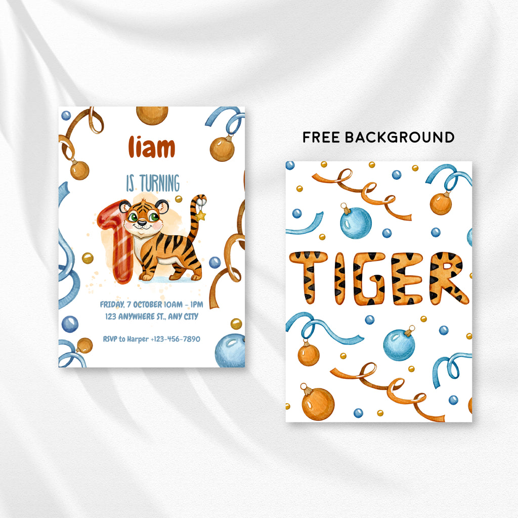 Wild & Cute Tiger 1st Birthday Invitation – Editable Canva Template