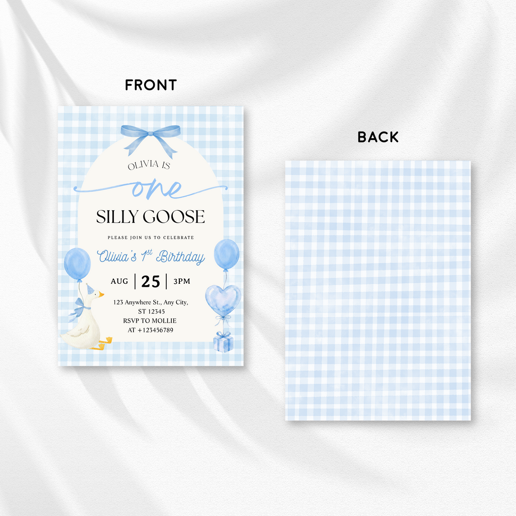 Editable One Silly Goose 1st Birthday Invitation | Blue Bow Gingham Canva Template – Instant Download