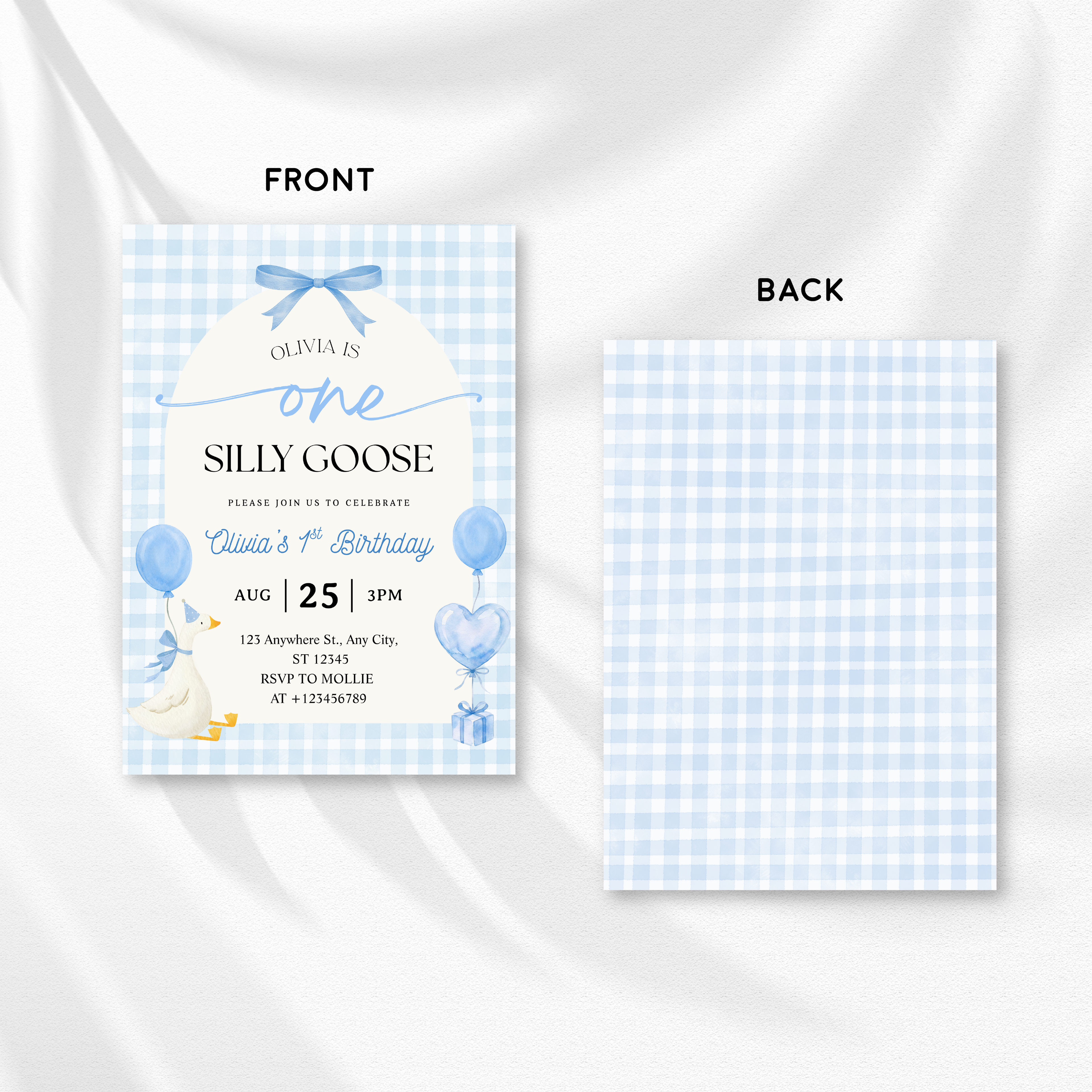 Editable One Silly Goose 1st Birthday Invitation | Blue Bow Gingham Canva Template – Instant Download