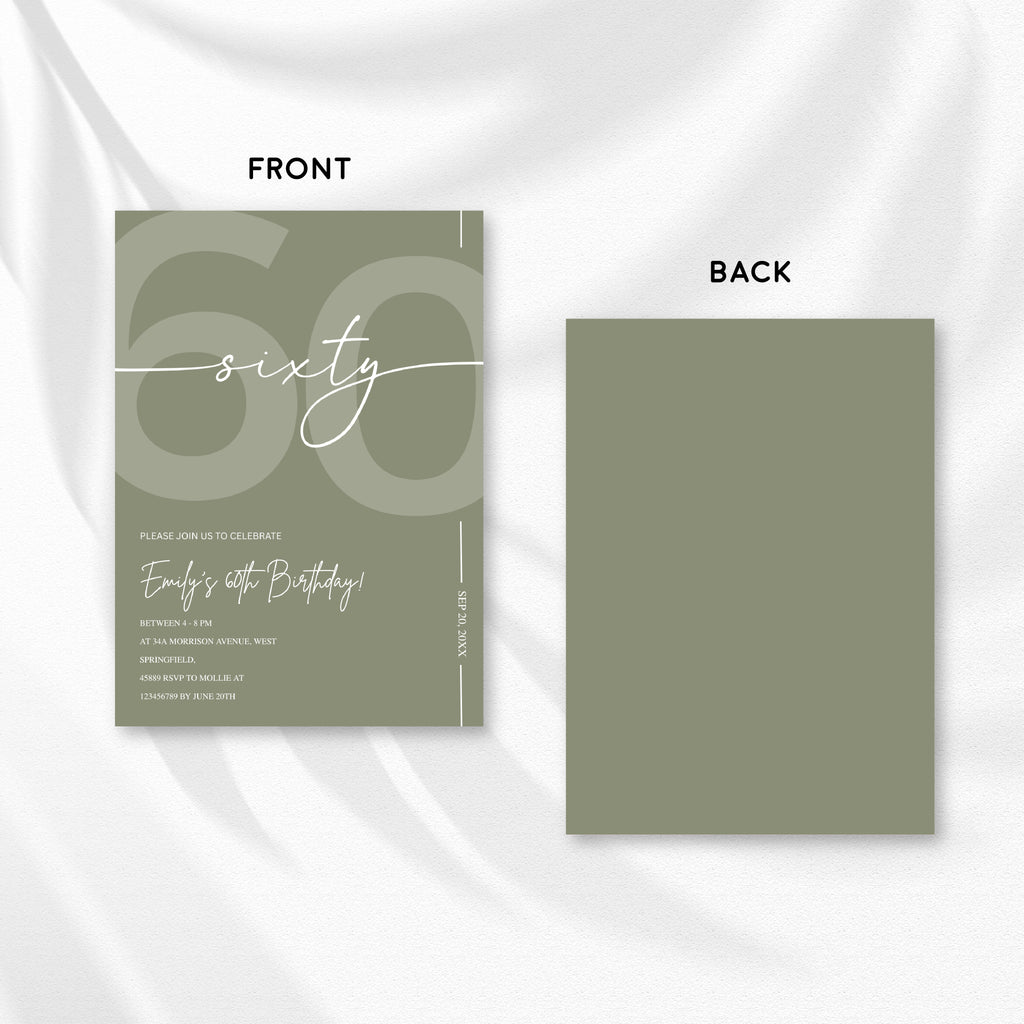 Elegant Sage Green 60th Birthday Invitation Template | Minimalist Sixty Milestone Party Invite | Editable & Instant Download
