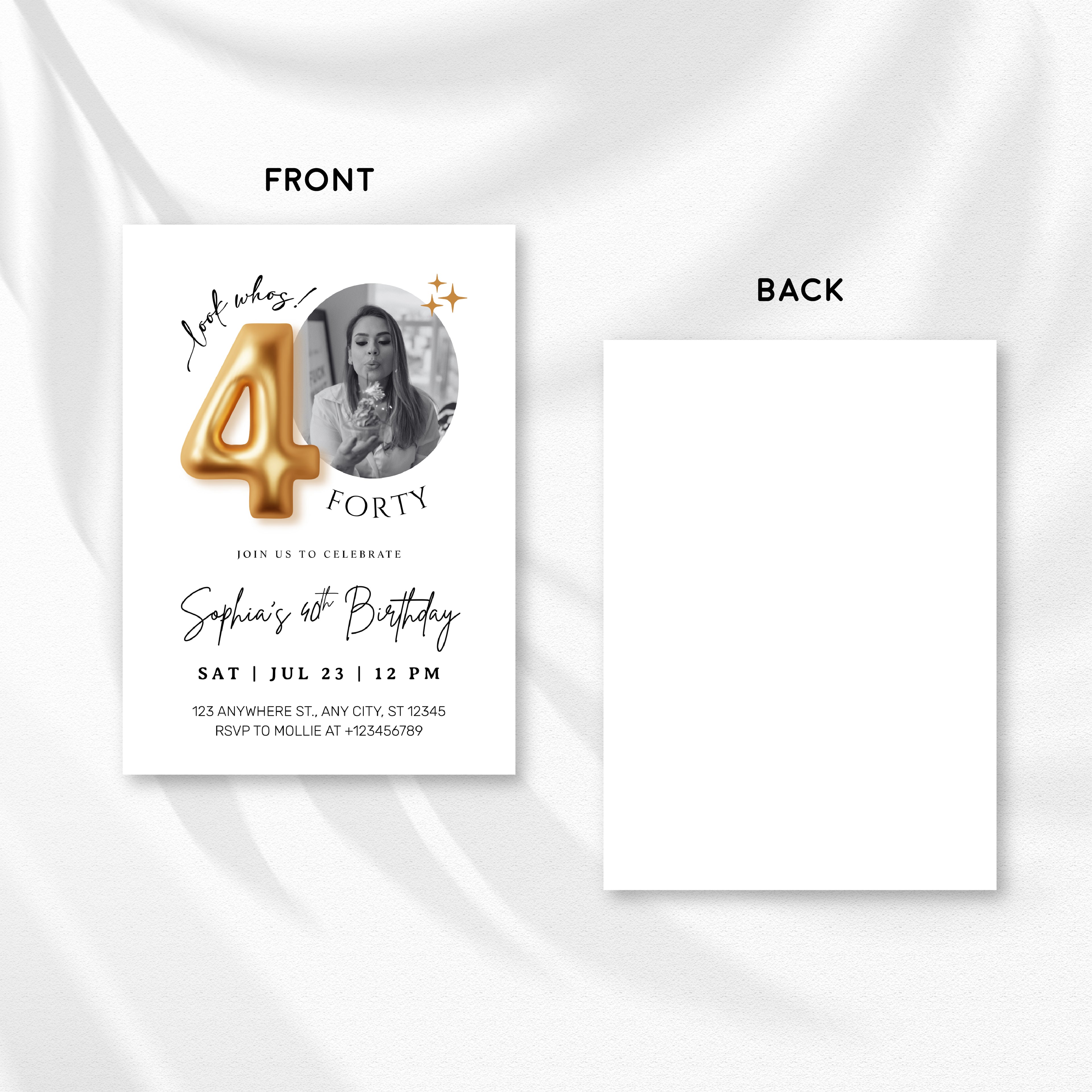 Modern Minimalist 40th Birthday Gold Balloon Photo Invitation Template | Elegant Milestone Party Invite | Editable & Instant Download