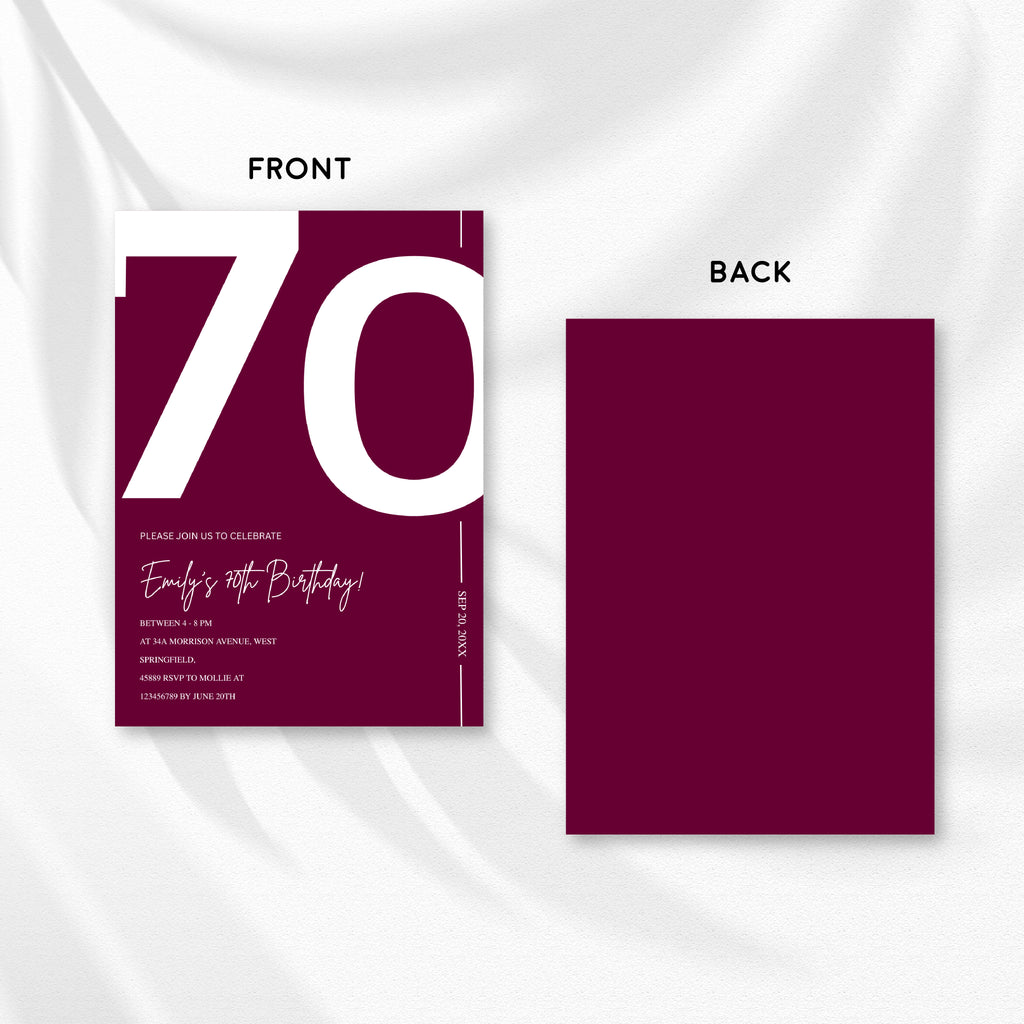 Elegant Burgundy 70th Birthday Invitation Template | Chic Seventy Milestone Party Invite | Editable & Instant Download