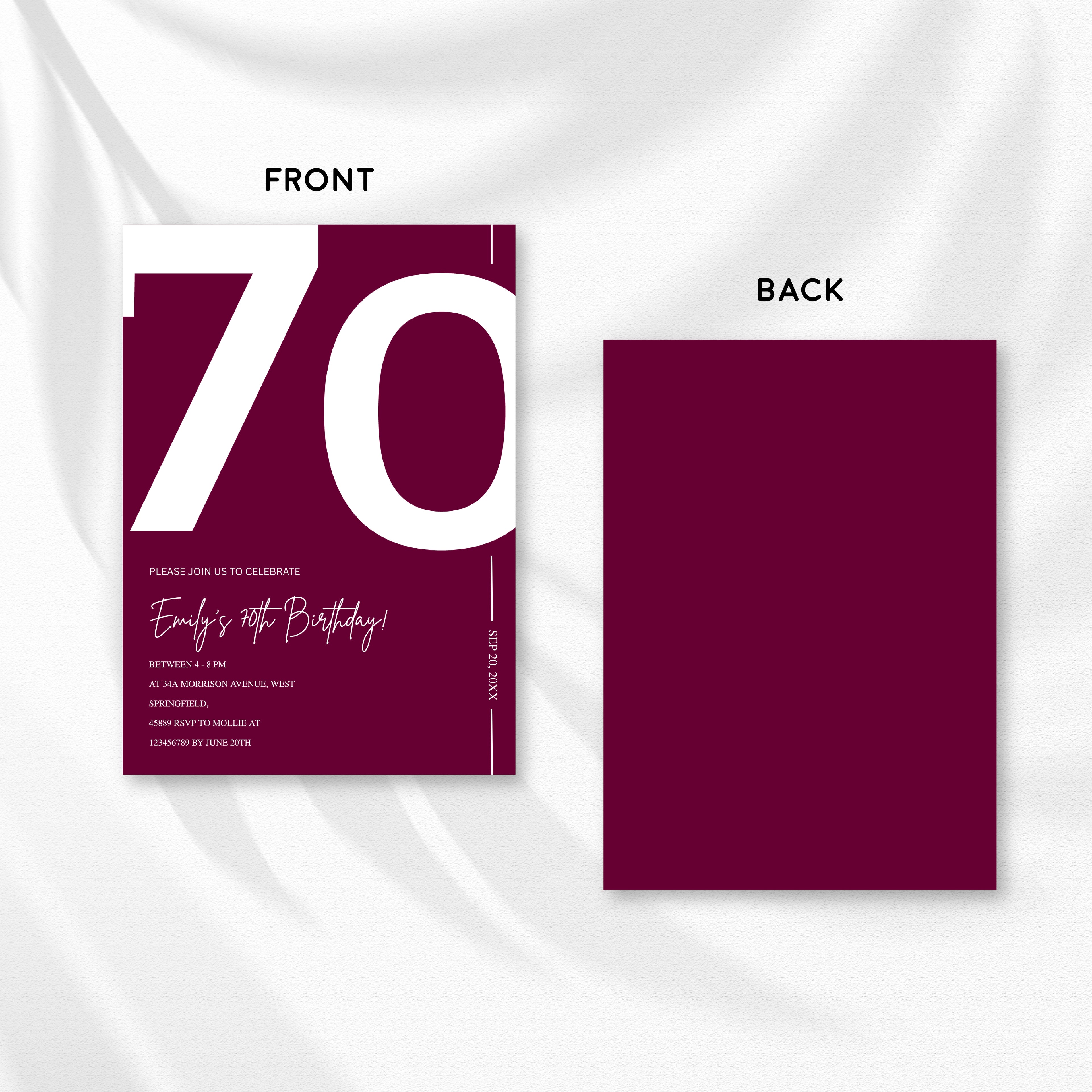 Elegant Burgundy 70th Birthday Invitation Template | Chic Seventy Milestone Party Invite | Editable & Instant Download