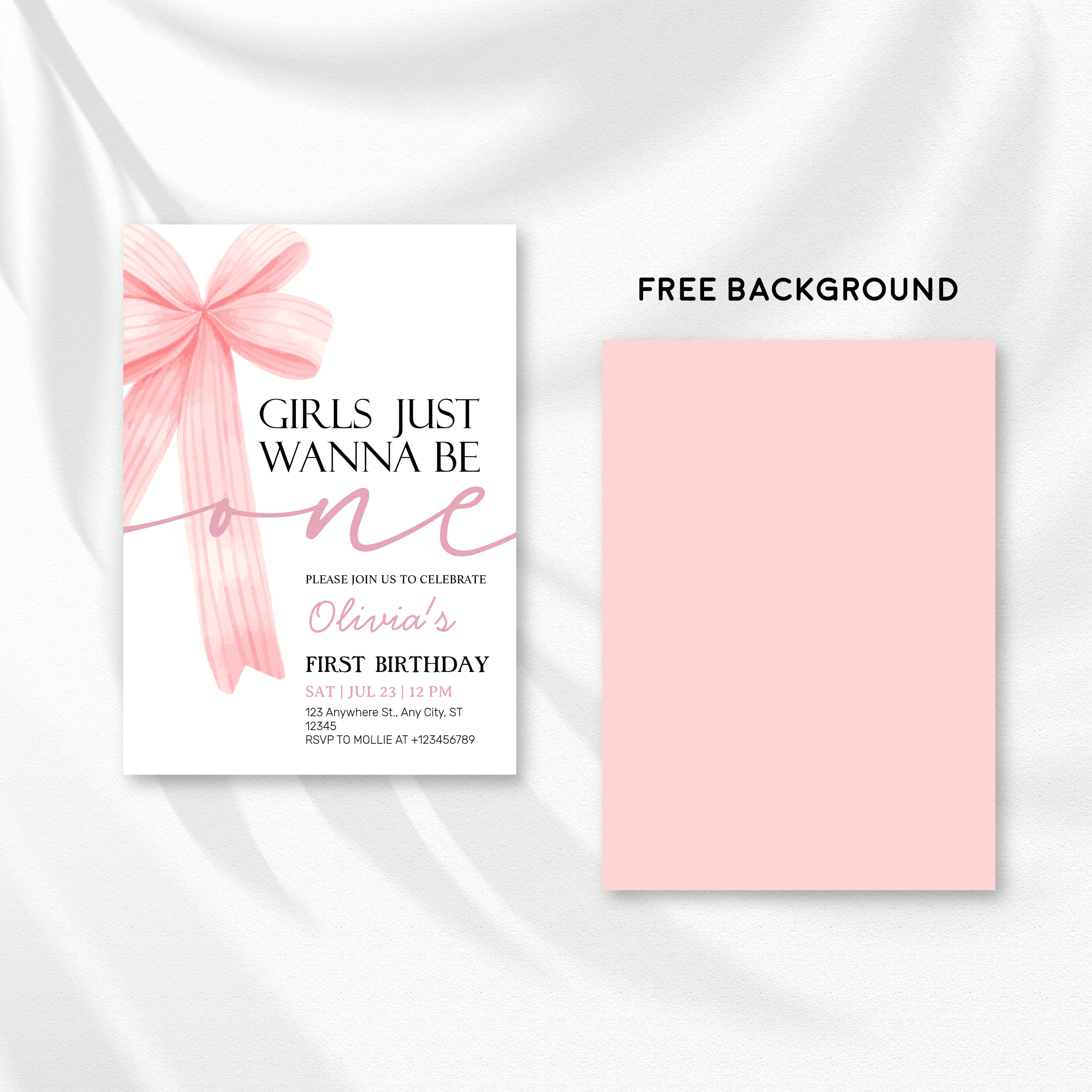 Girls Just Wanna Be One Pink Bow 1st Birthday Invitation – Editable Canva Template