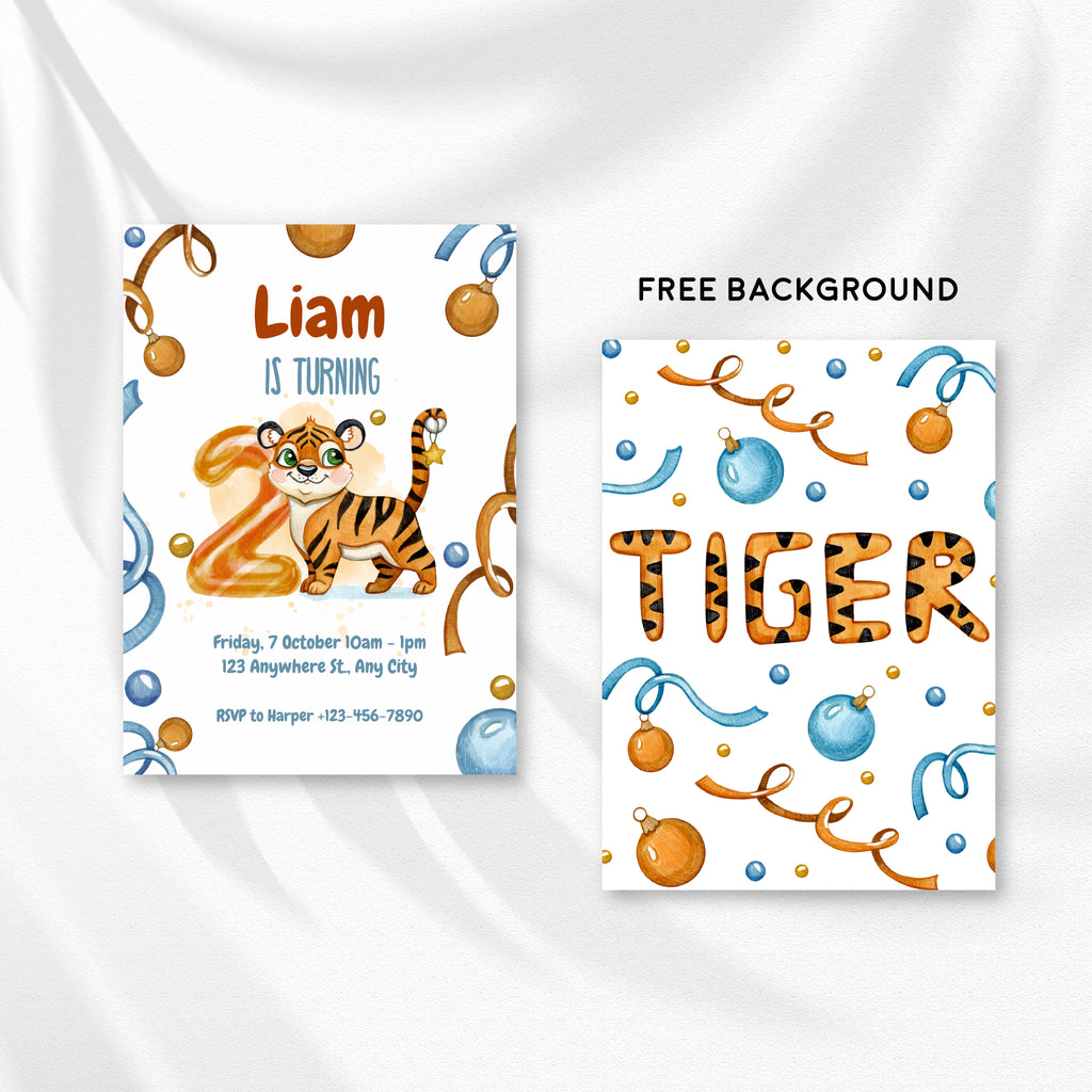 Wild & Cute Tiger 2nd Birthday Invitation – Editable Canva Template