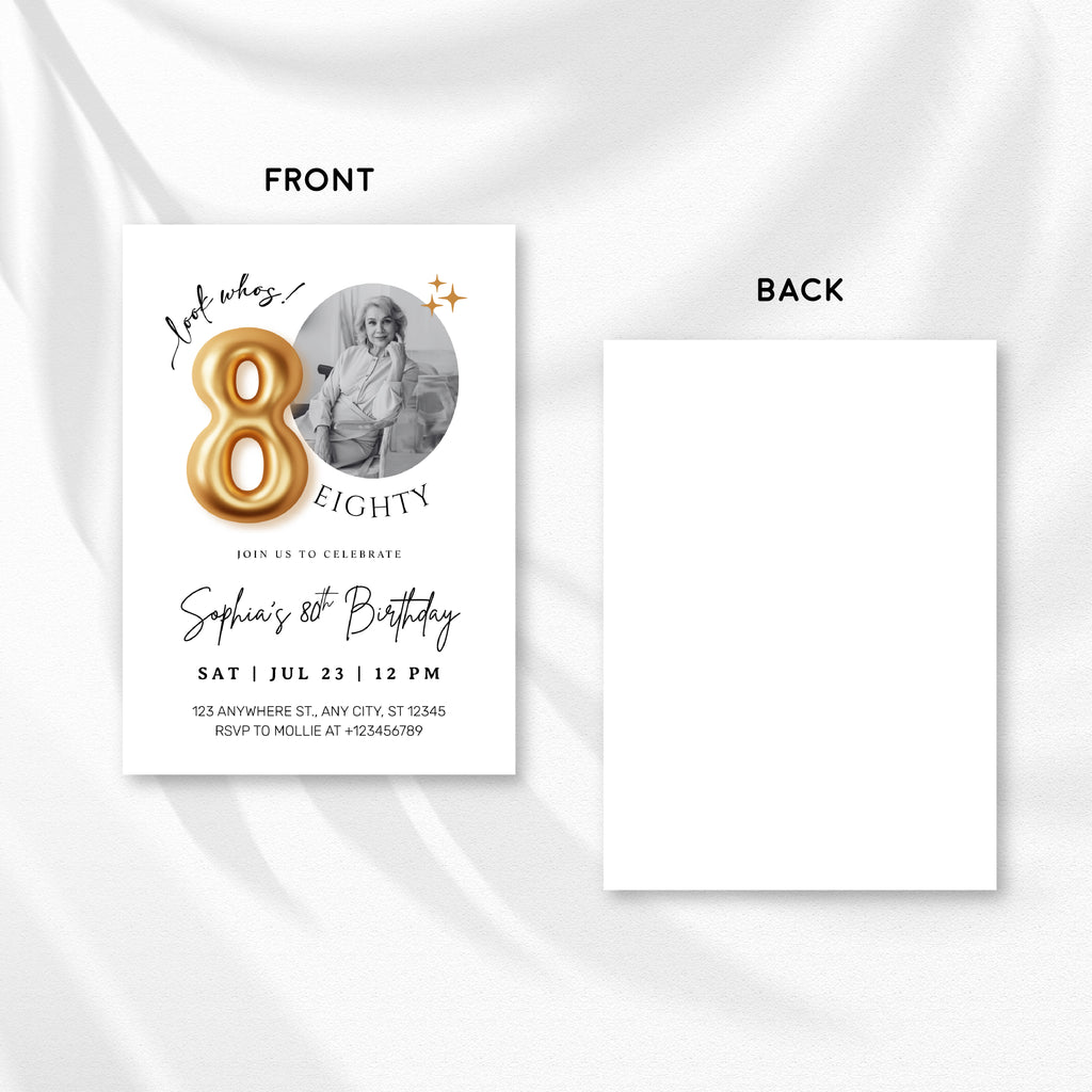 Modern Minimalist 80th Birthday Gold Balloon Photo Invitation Template | Elegant Milestone Party Invite | Editable & Instant Download