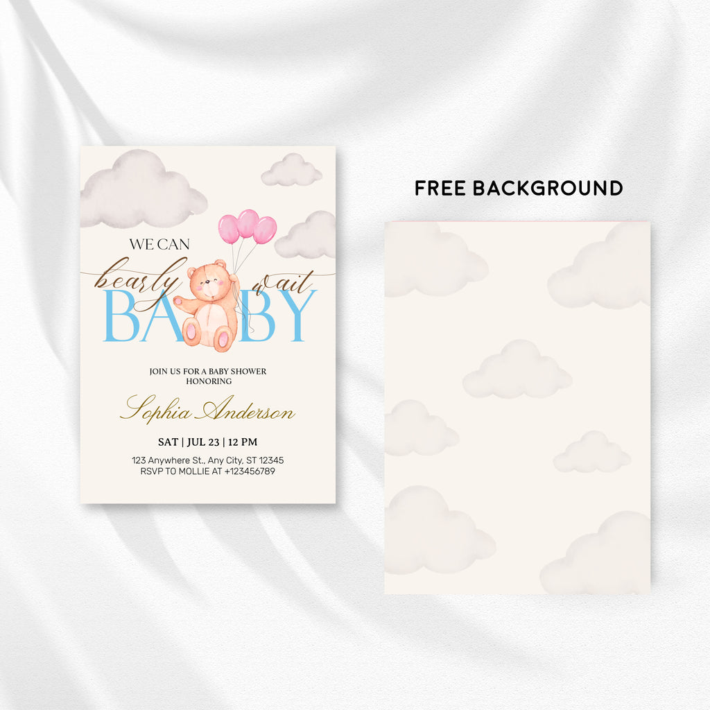 We Can Bearly Wait Pink & Blue Teddy Bear Baby Shower Invitation – Editable Canva Template