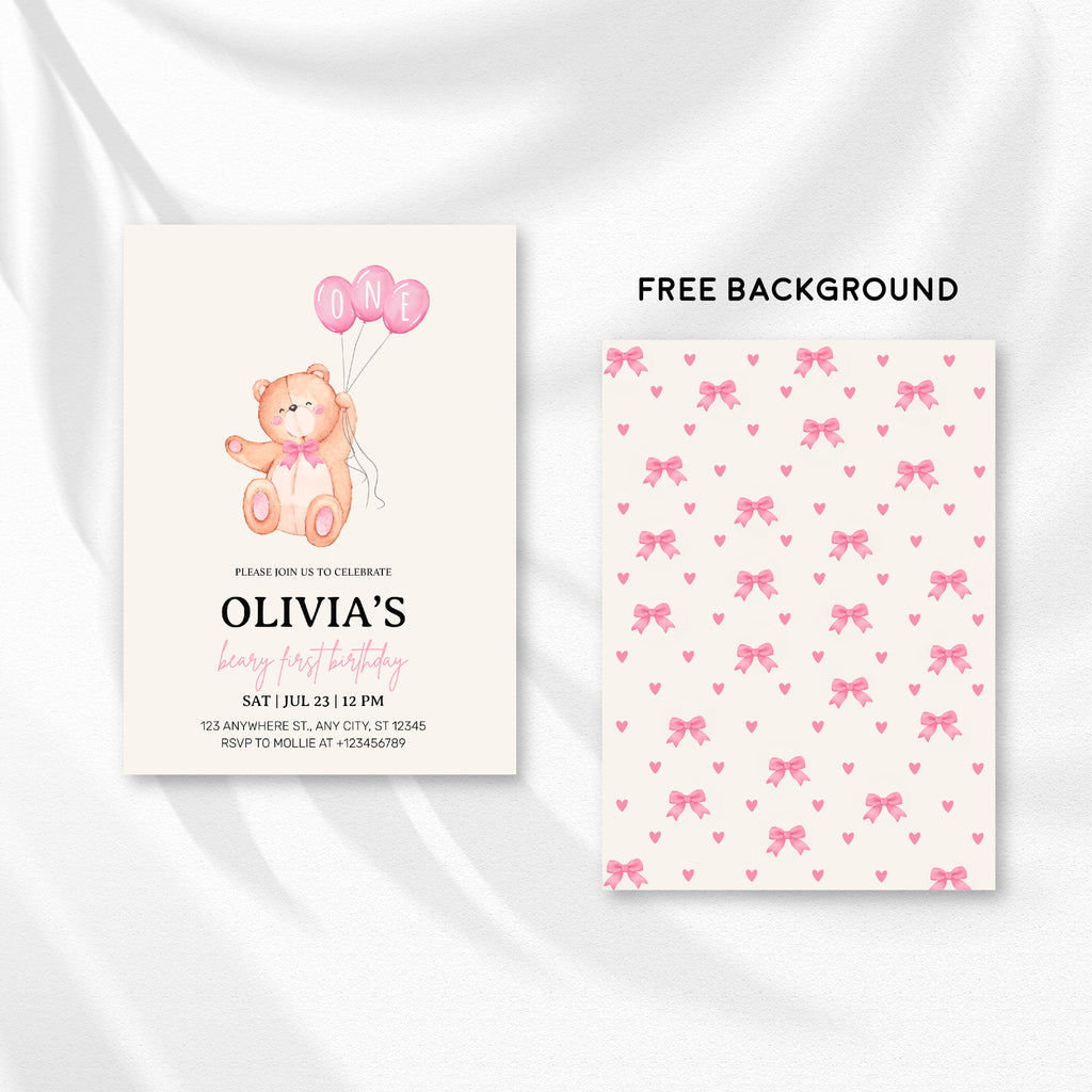 Beary First Pink Balloon 1st Birthday Teddy Invitation – Editable Canva Template