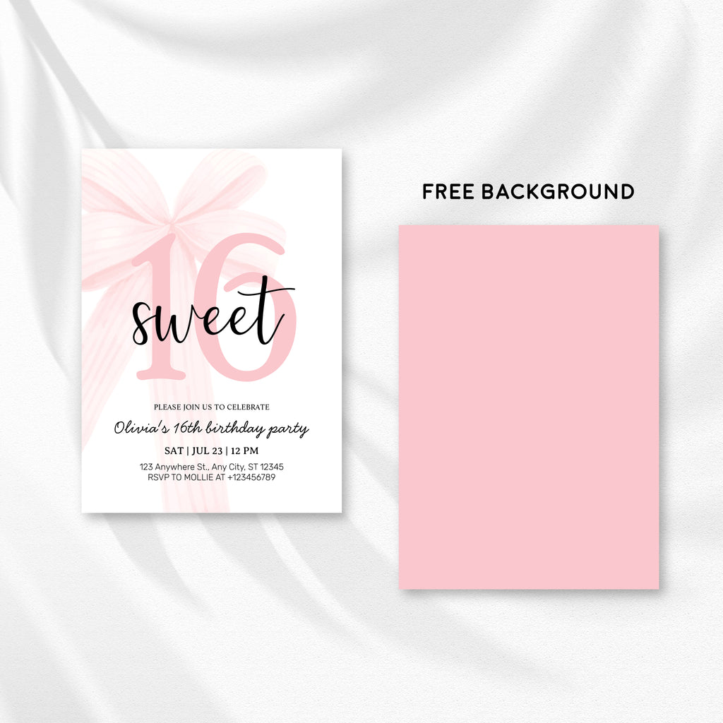 Elegant Pink Coquette Bow Sweet 16 Birthday Invitation – Editable Canva Template