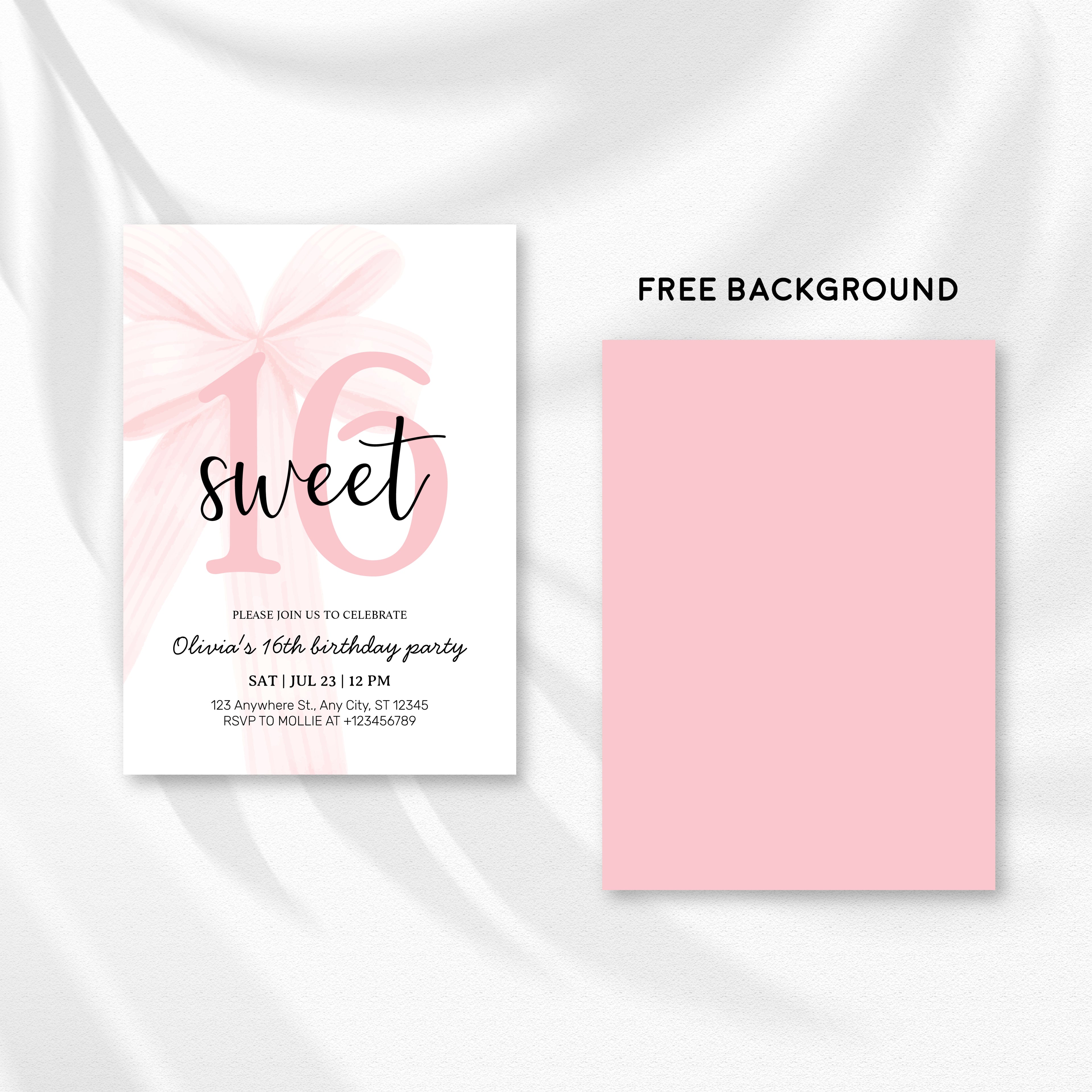Elegant Pink Coquette Bow Sweet 16 Birthday Invitation – Editable Canva Template
