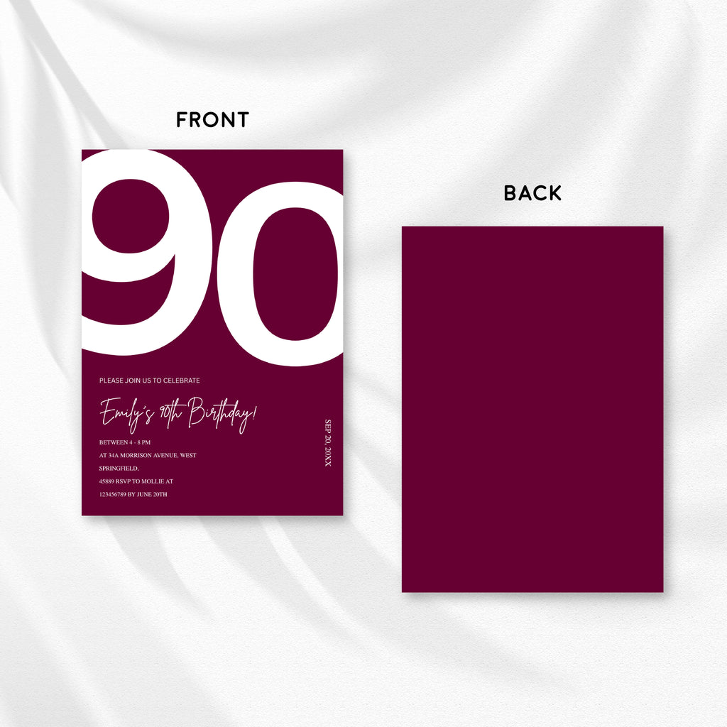 Elegant Burgundy 90th Birthday Invitation Template | Chic Ninety Milestone Party Invite | Editable & Instant Download