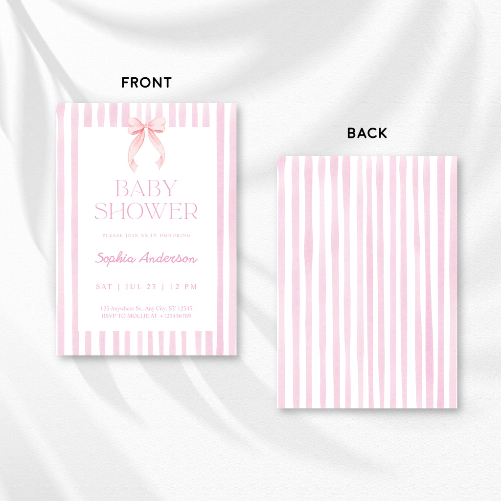 Editable Pink Striped Bow Baby Shower Invitation Template | Coquette Baby Shower Invite | Edit in Canva – Instant Download