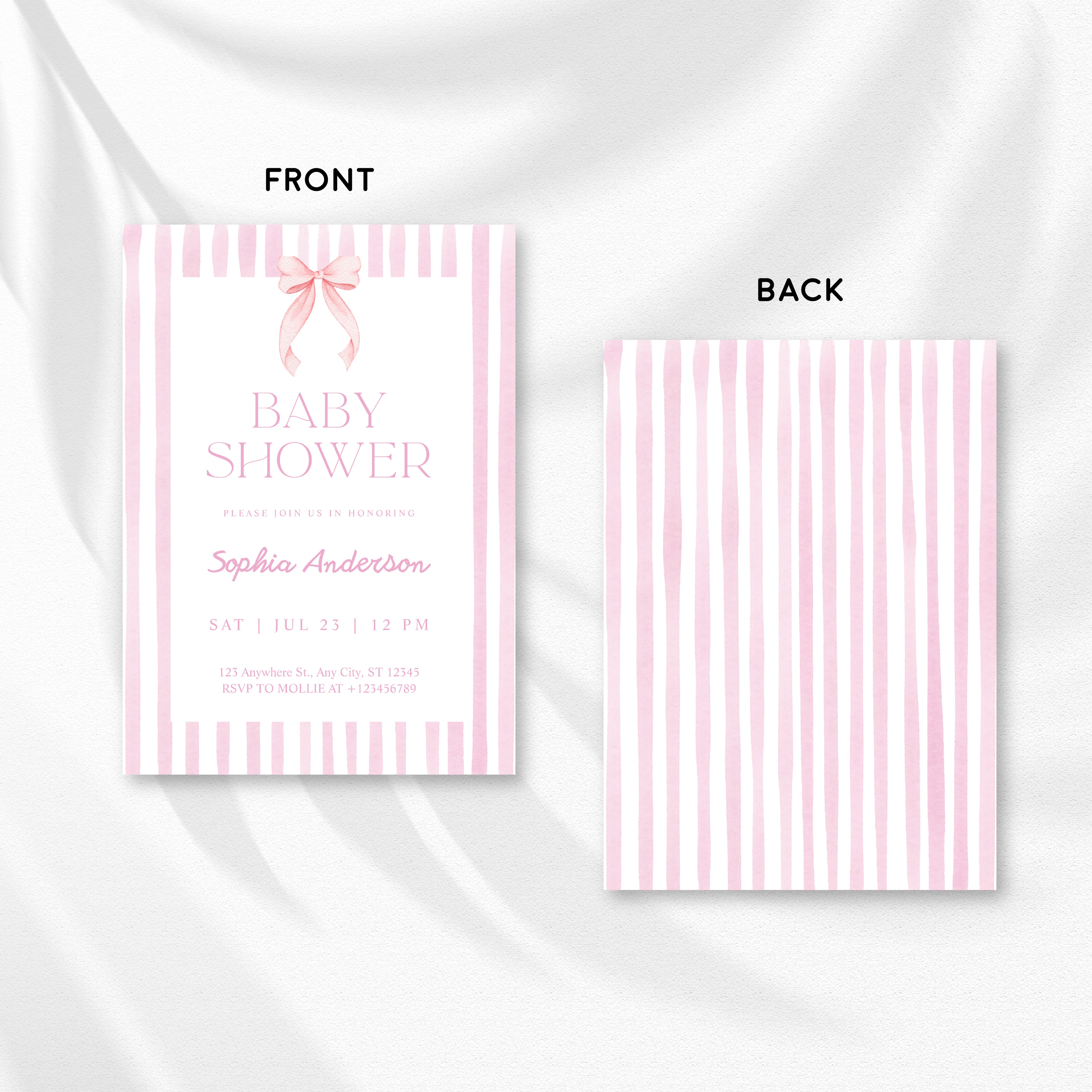 Editable Pink Striped Bow Baby Shower Invitation Template | Coquette Baby Shower Invite | Edit in Canva – Instant Download