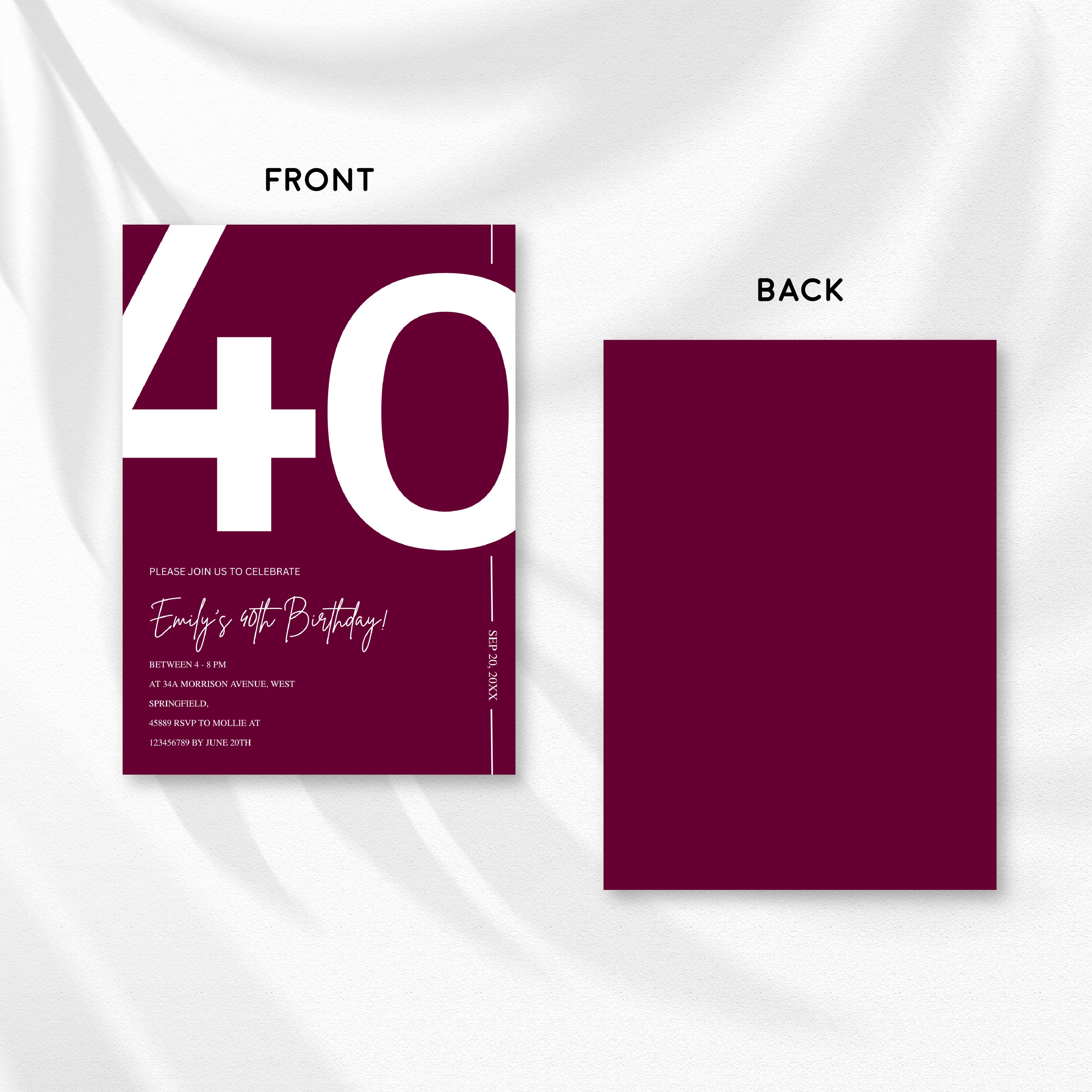 Elegant Burgundy 40th Birthday Invitation Template | Chic Forty Milestone Party Invite | Editable & Instant Download