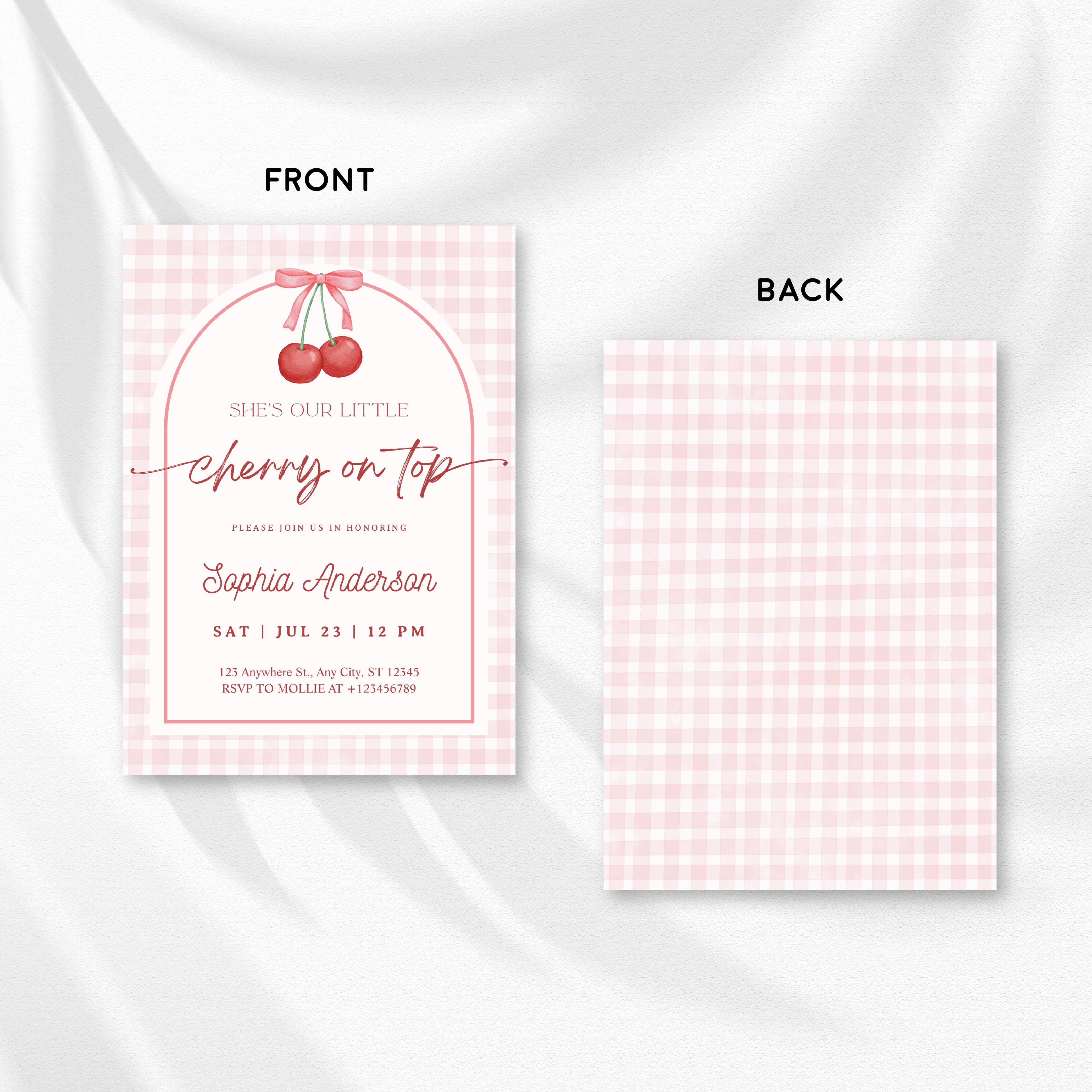 Editable She is the Cherry on Top Baby Shower Invitation | Gingham Cherry Canva Template – Instant Download