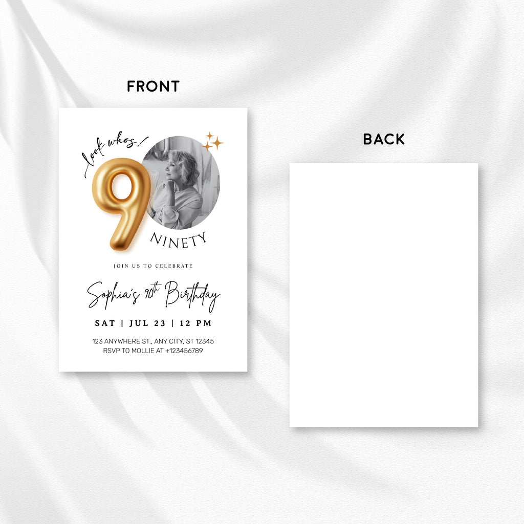 Modern Minimalist 90th Birthday Gold Balloon Photo Invitation Template | Elegant Milestone Party Invite | Editable & Instant Download