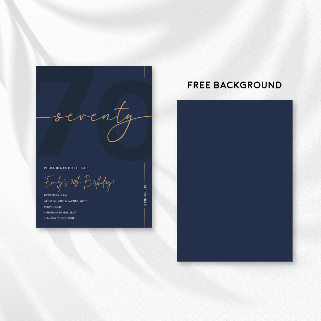 Modern Navy Blue & Gold 70th Birthday Invitation – Editable Canva Template