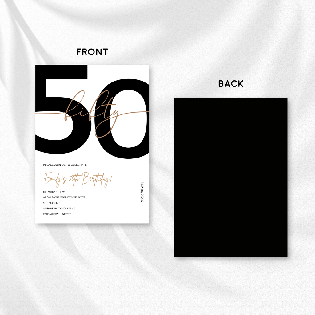 Modern Minimalist White & Gold 50th Birthday Party Invitation – Editable Canva Template