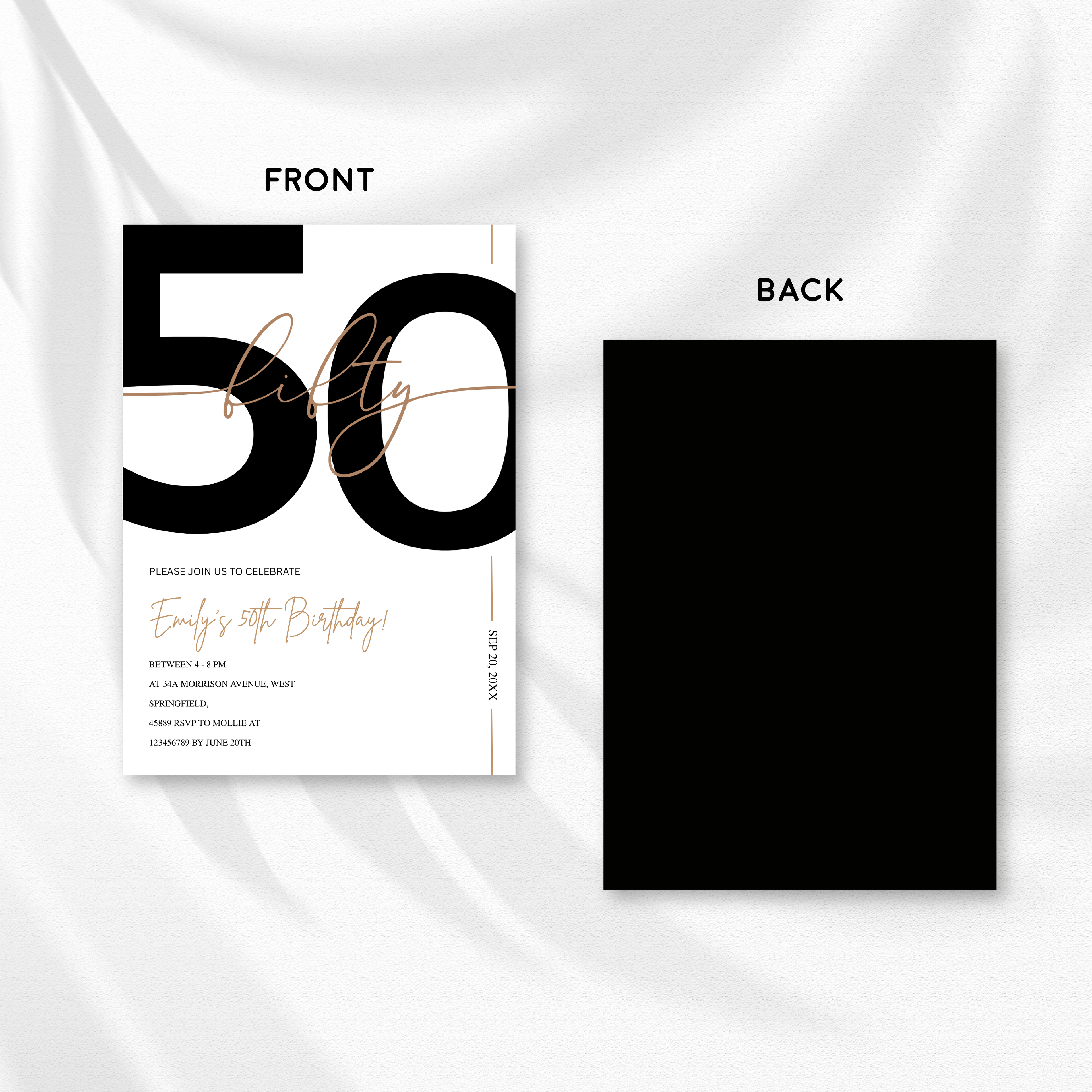 Modern Minimalist White & Gold 50th Birthday Party Invitation – Editable Canva Template