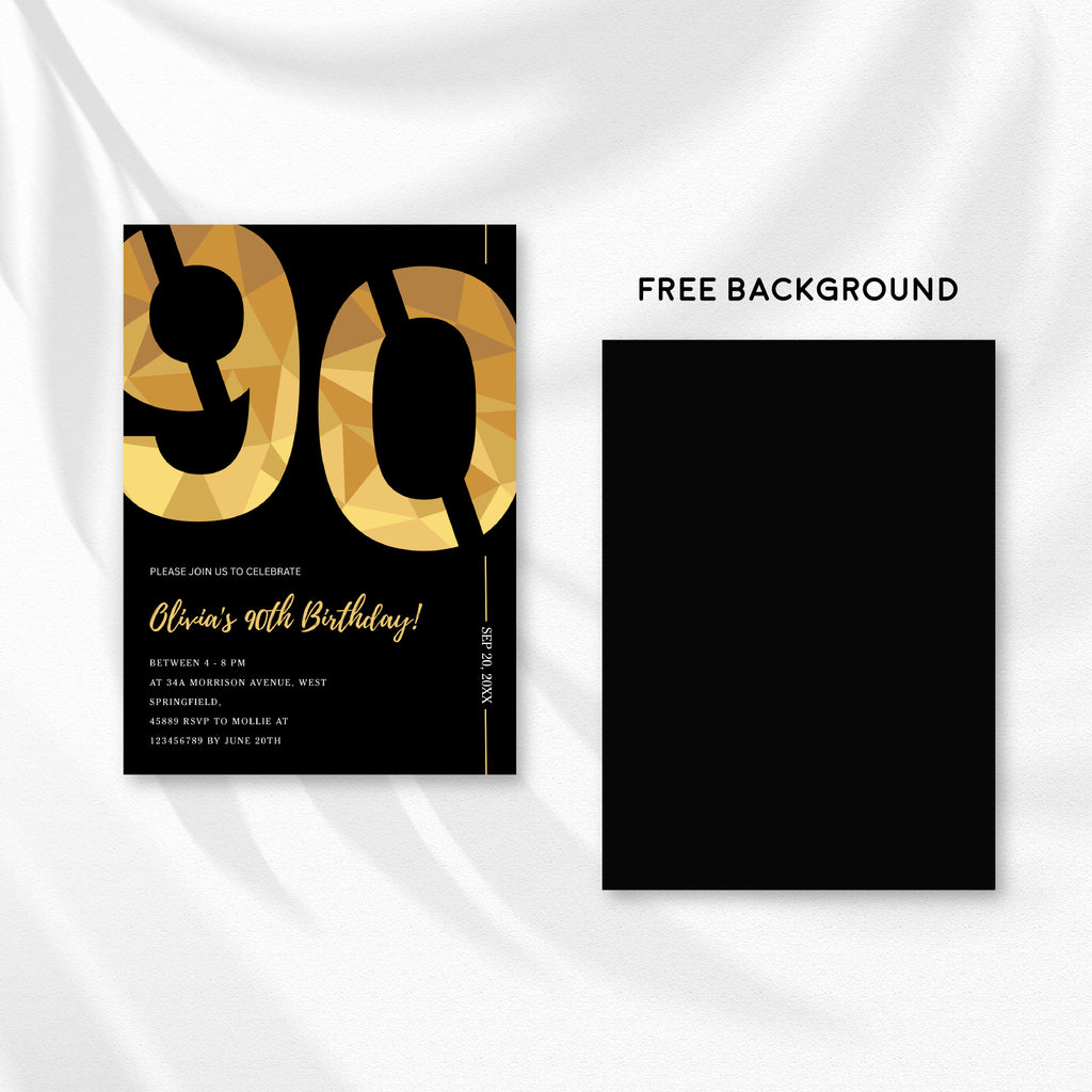 Elegant Black & Gold 90th Birthday Invitation Template | Editable Birthday Party Invite | Instant Download Canva