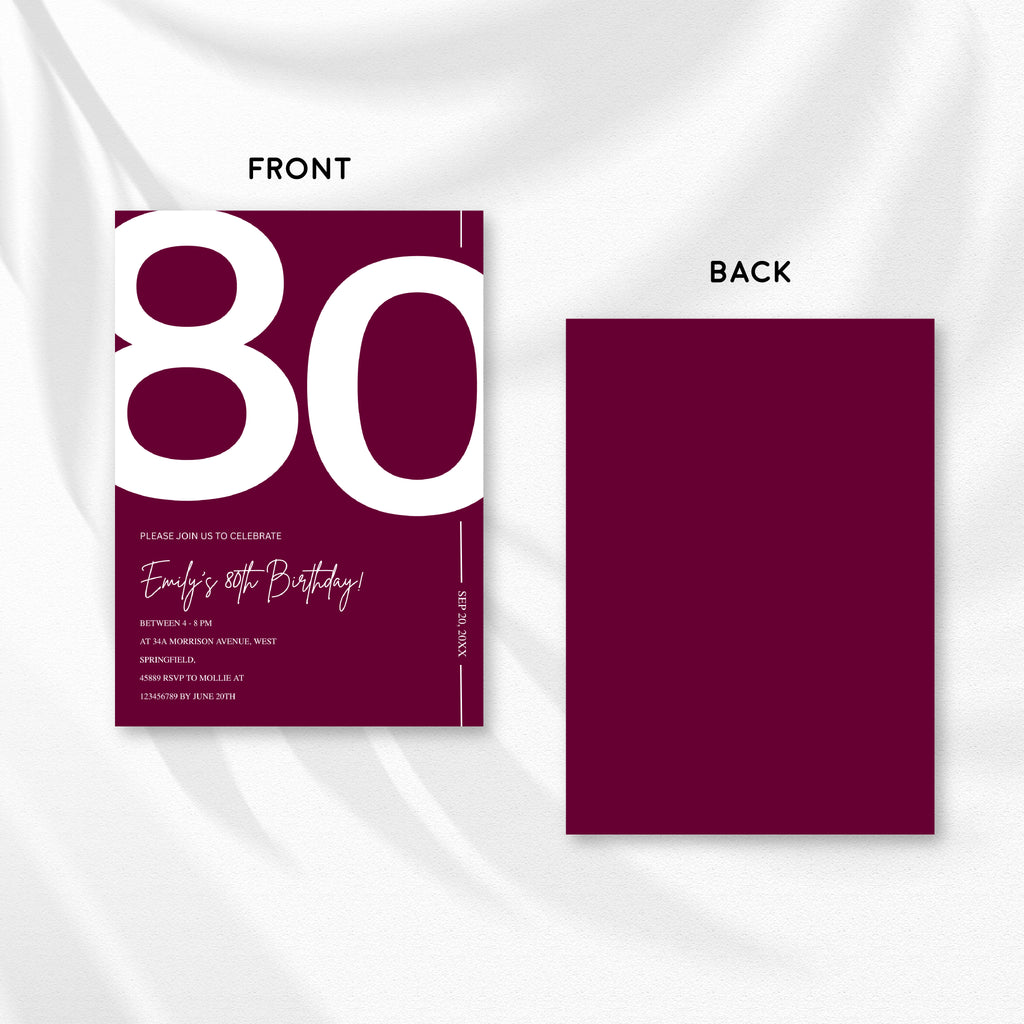 Elegant Burgundy 80th Birthday Invitation Template | Chic Eighty Milestone Party Invite | Editable & Instant Download