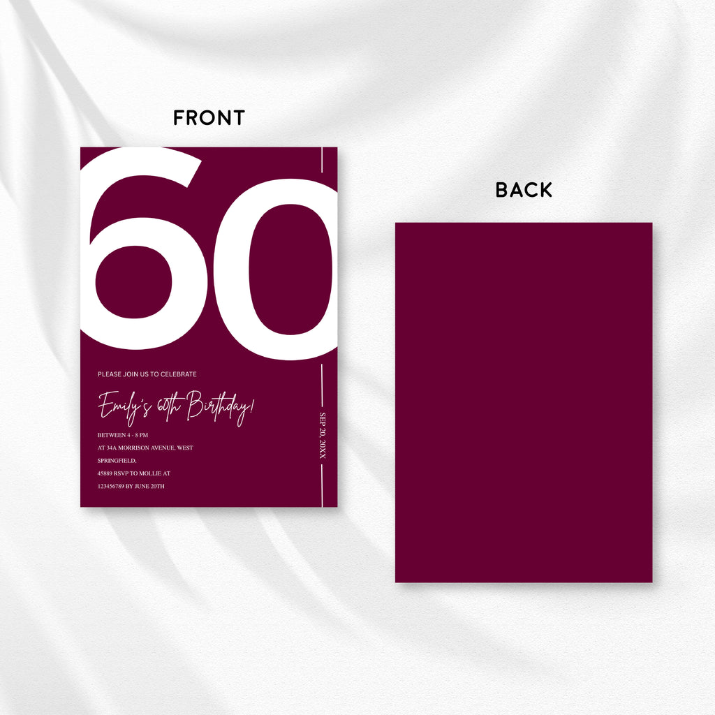 Elegant Burgundy 60th Birthday Invitation Template | Chic Sixty Milestone Party Invite | Editable & Instant Download