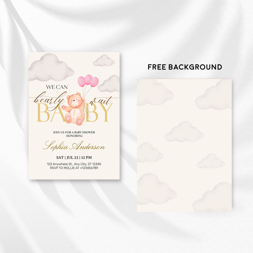 We Can Bearly Wait Pink & Gold Teddy Bear Baby Shower Invitation – Editable Canva Template
