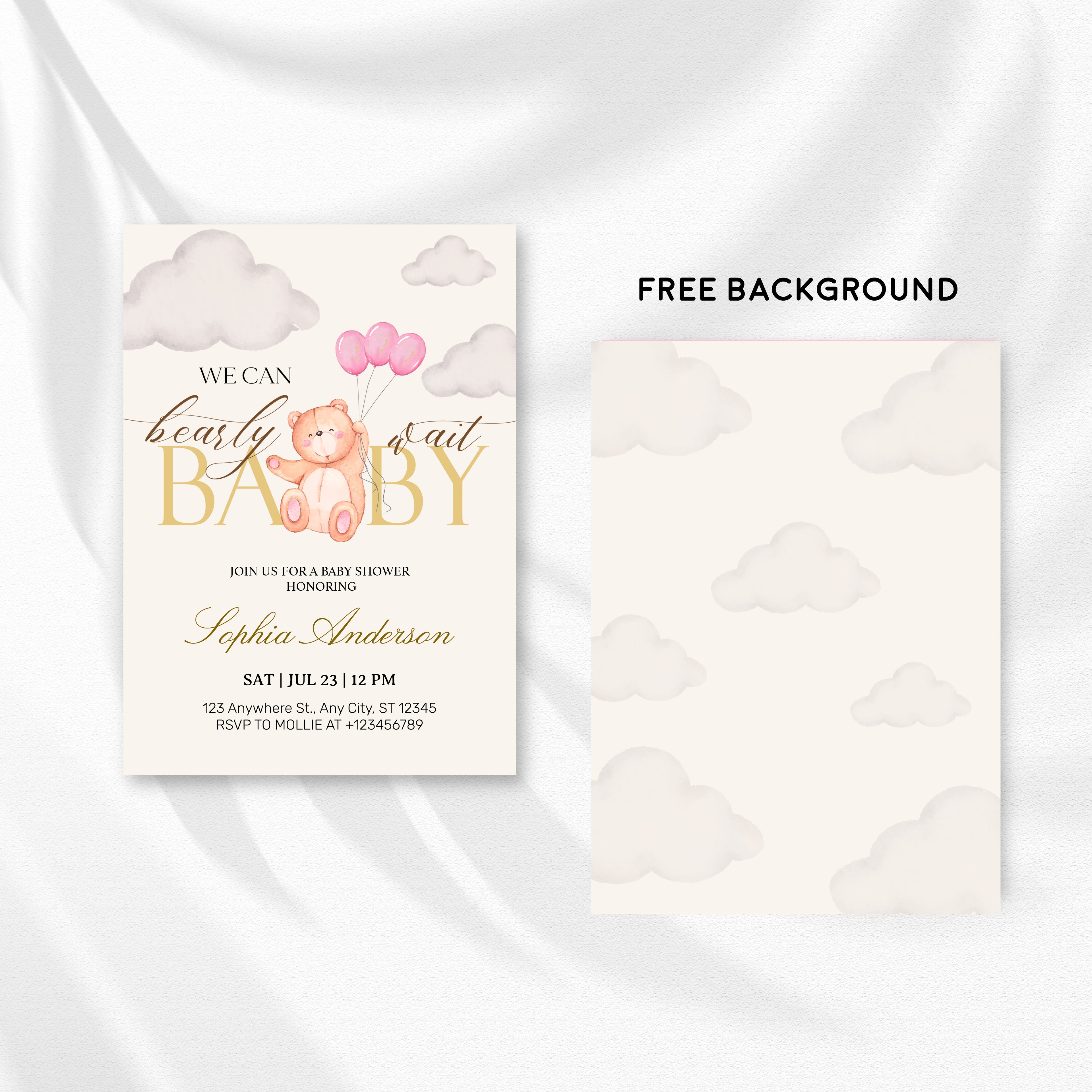 We Can Bearly Wait Pink & Gold Teddy Bear Baby Shower Invitation – Editable Canva Template