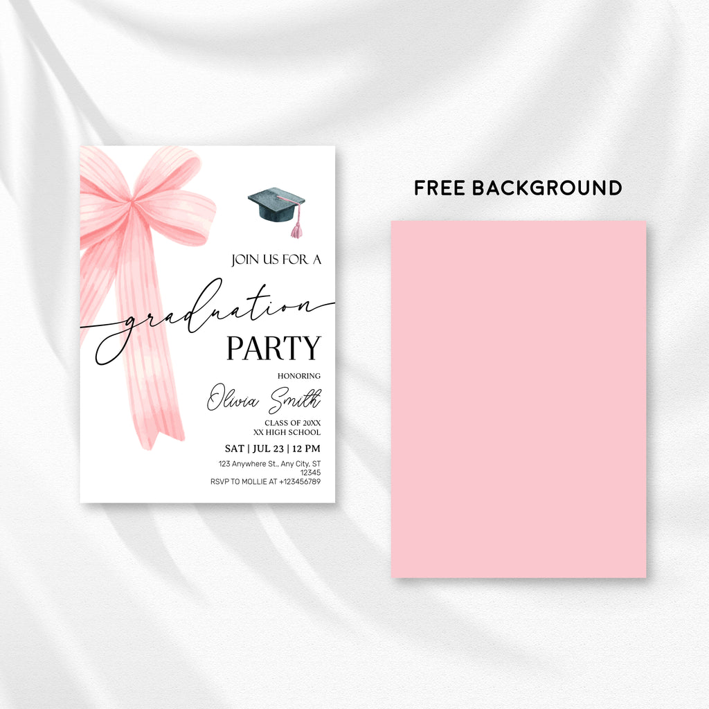 Pink Bow Graduation Party Invitation – Editable Canva Template