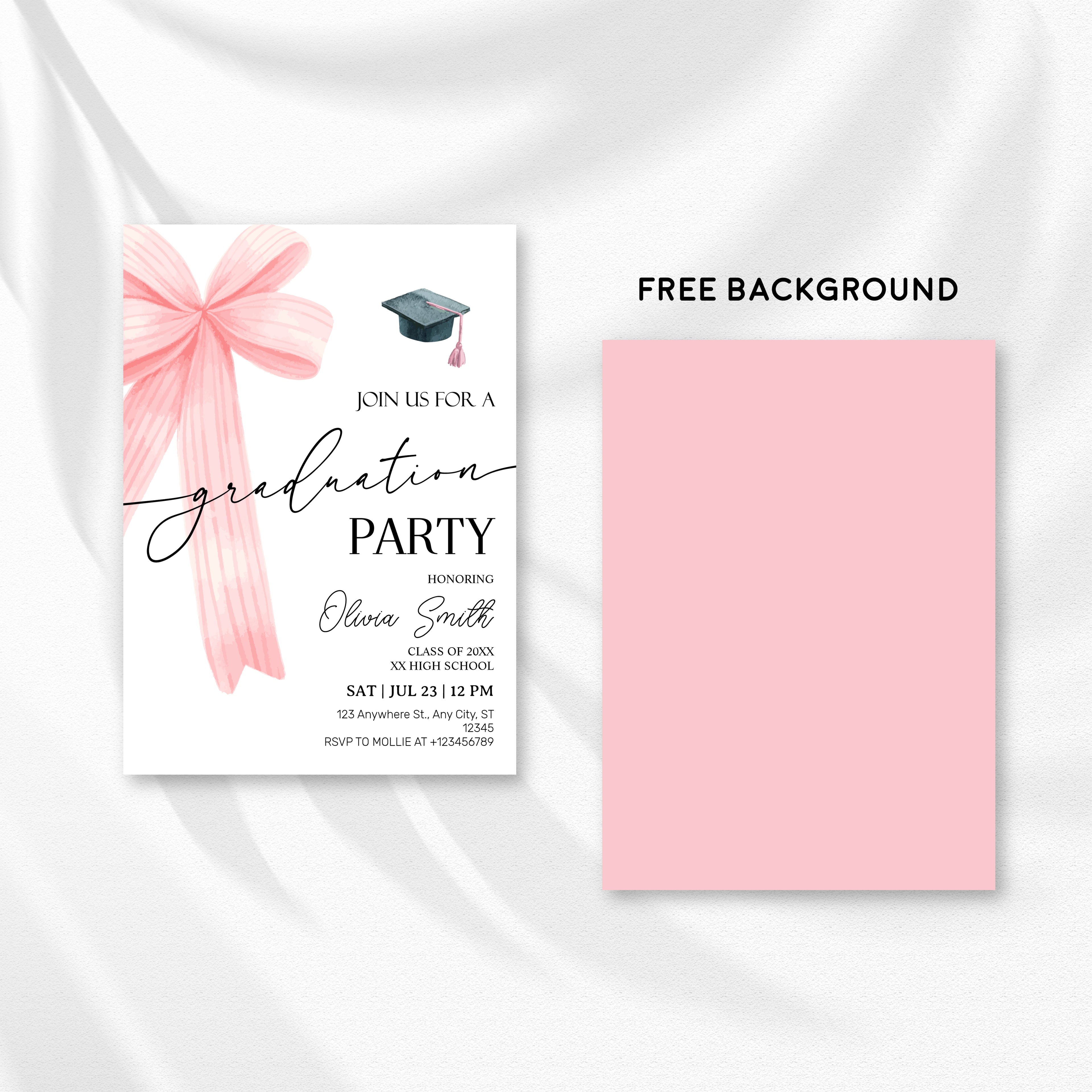 Pink Bow Graduation Party Invitation – Editable Canva Template