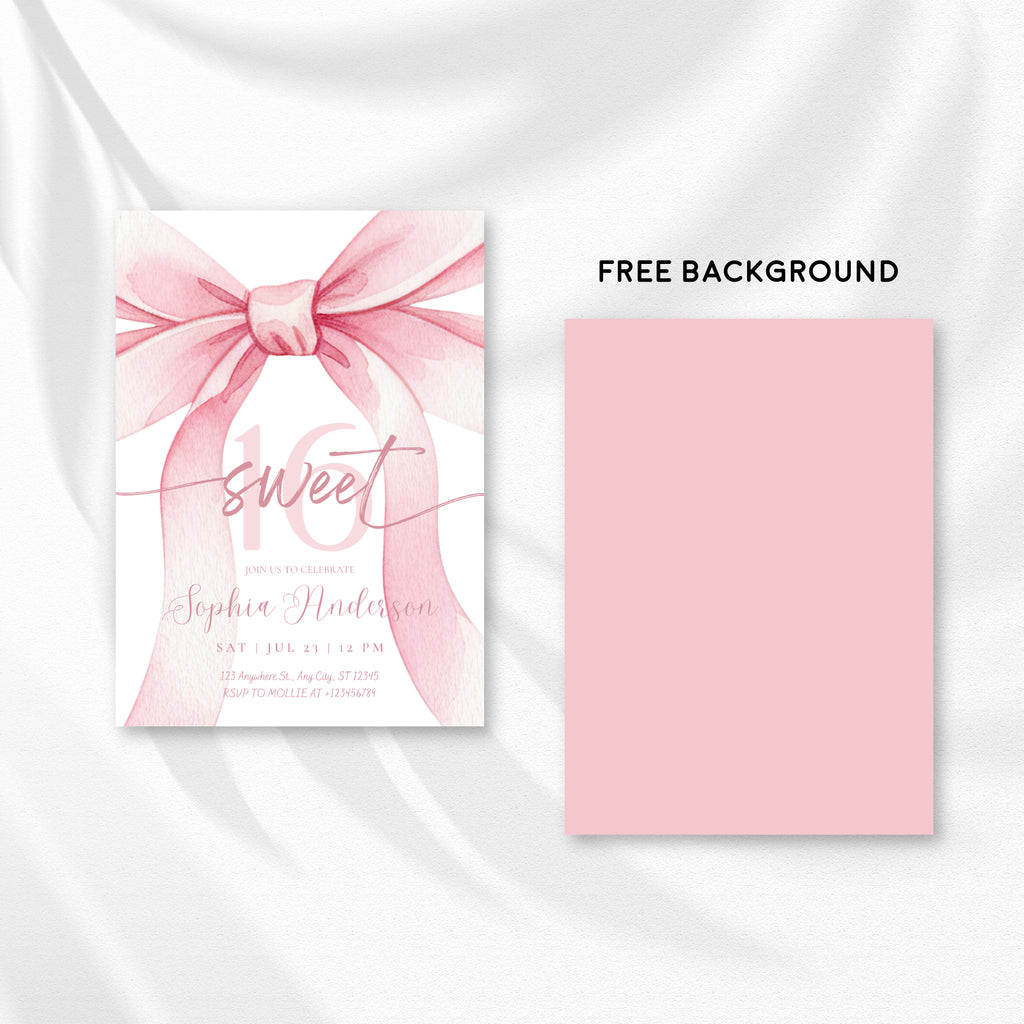 Blush Pink Bow Sweet 16 Invitation Template | Editable 16th Birthday Party Invite | Canva Instant Download