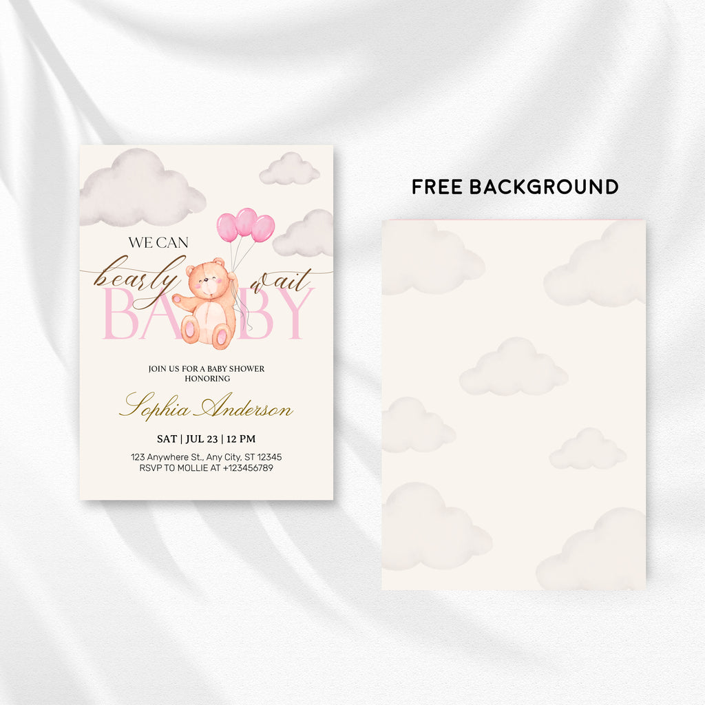 We Can Bearly Wait Pink Teddy Bear Baby Shower Invitation – Editable Canva Template
